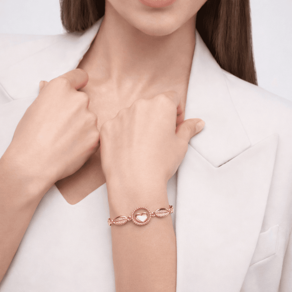 Rose Gold Heart & Leaf Link Bracelet , 