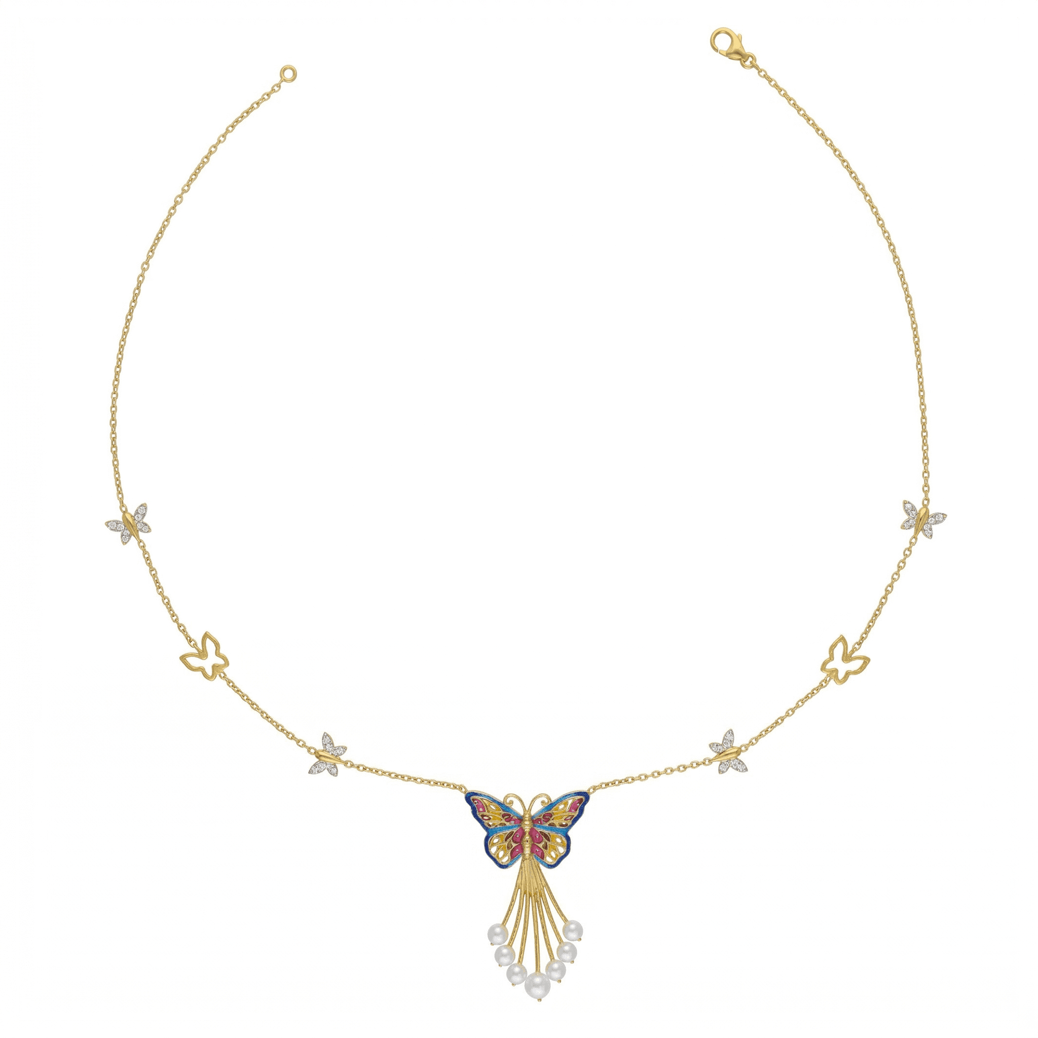 Butterfly Enamel Pearl Necklace , 