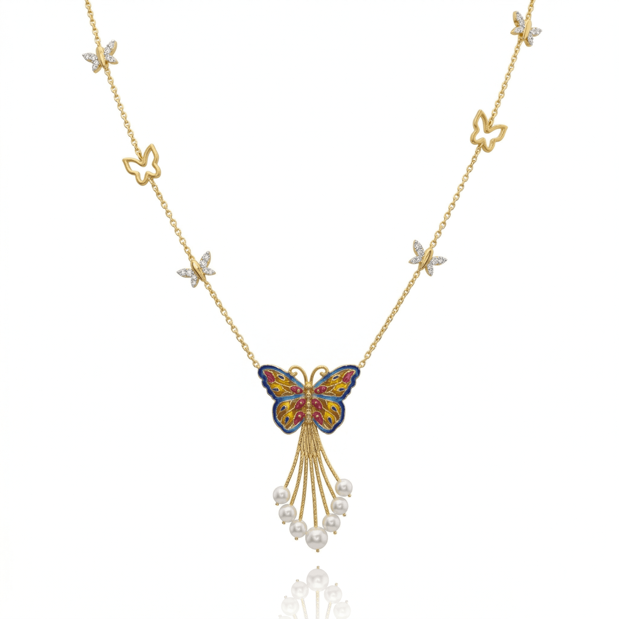 Butterfly Enamel Pearl Necklace , 