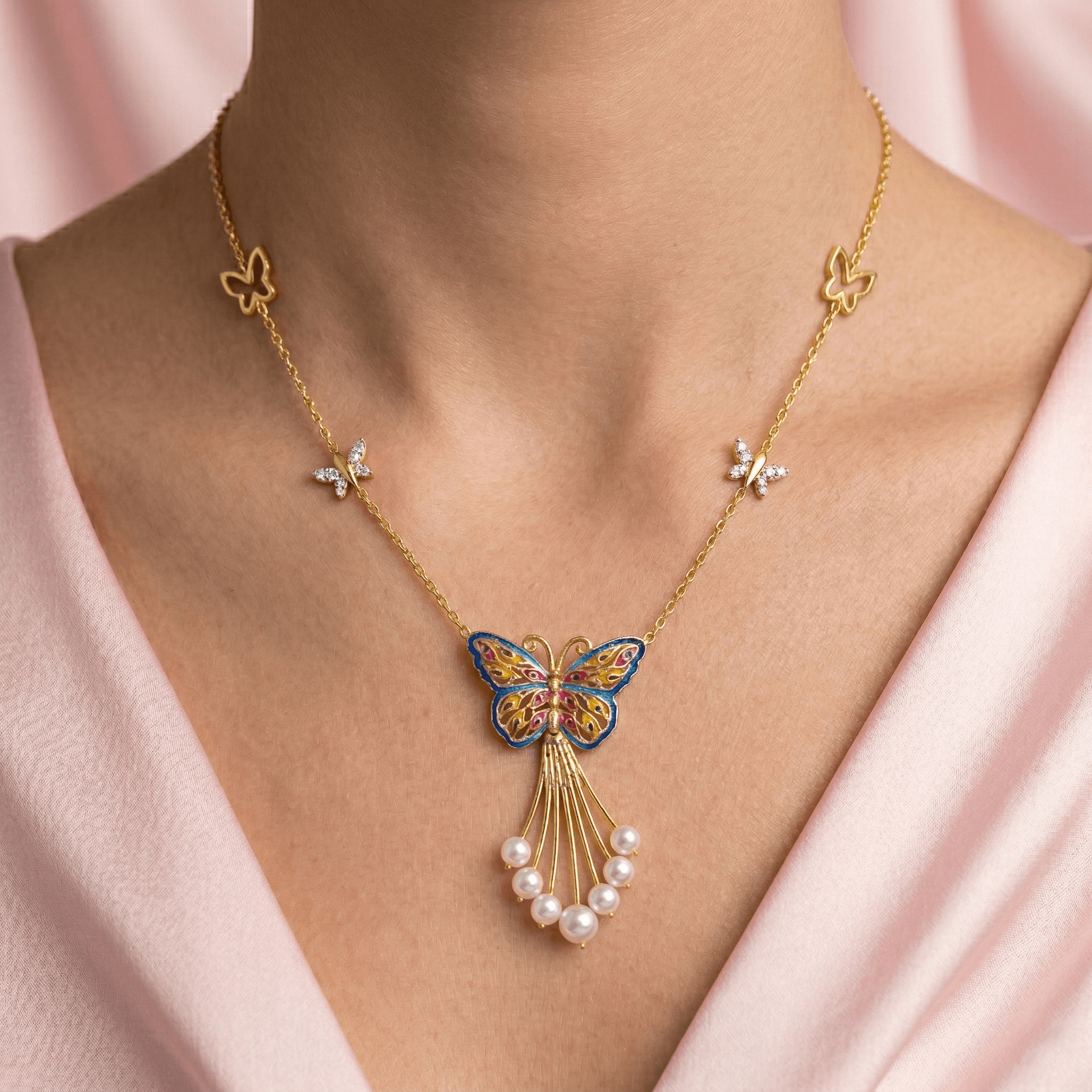 Butterfly Enamel Pearl Necklace , 