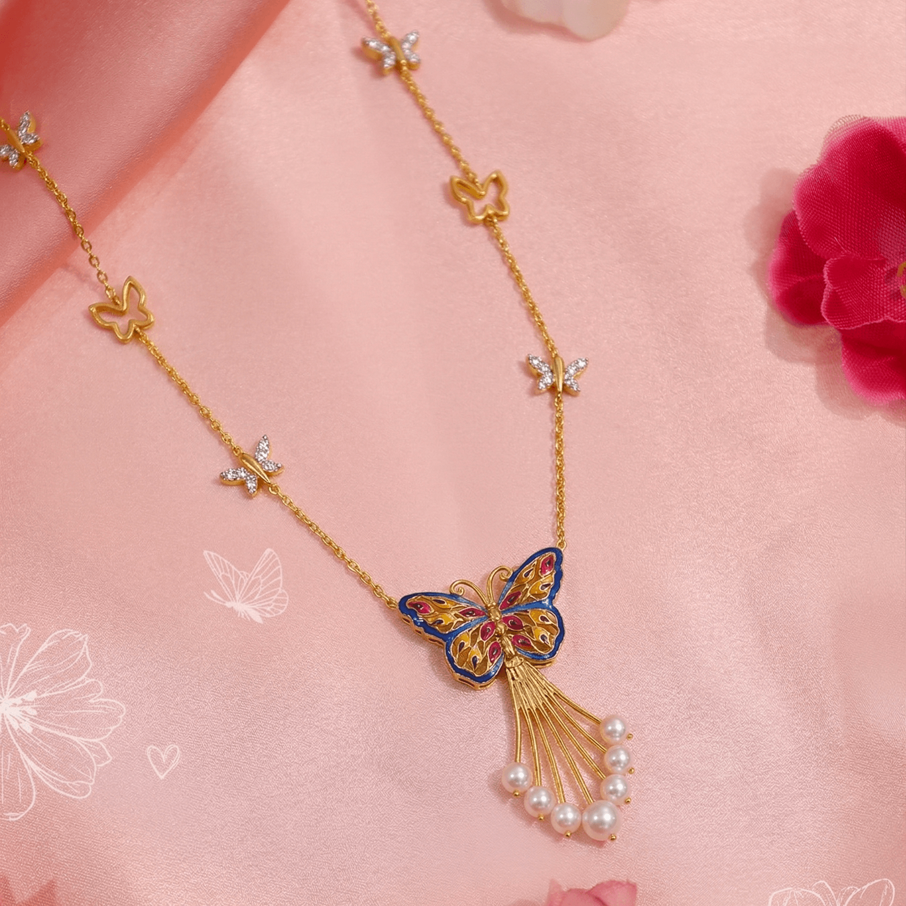 Butterfly Enamel Pearl Necklace , 
