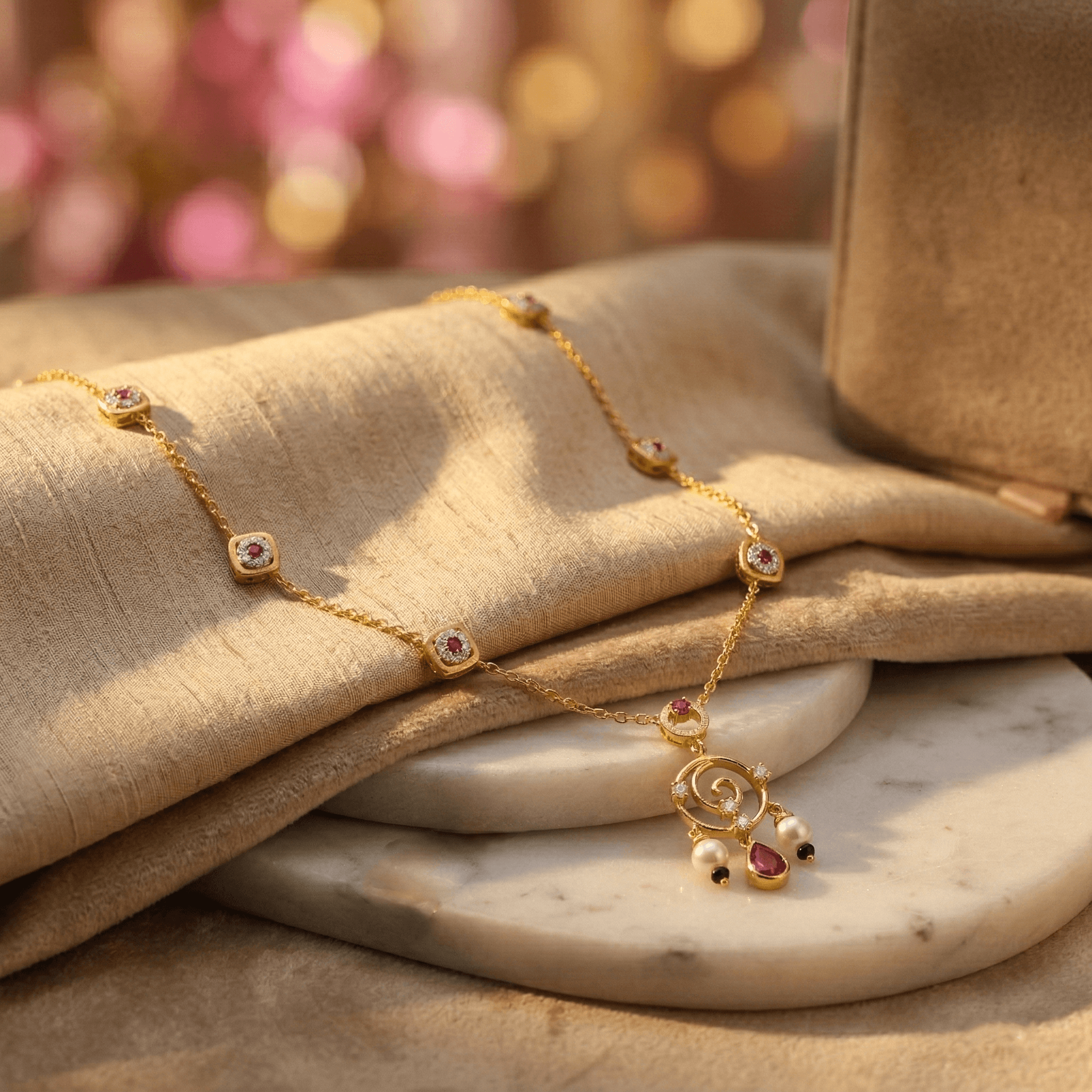 Ruby Floral Tassel Necklace , 