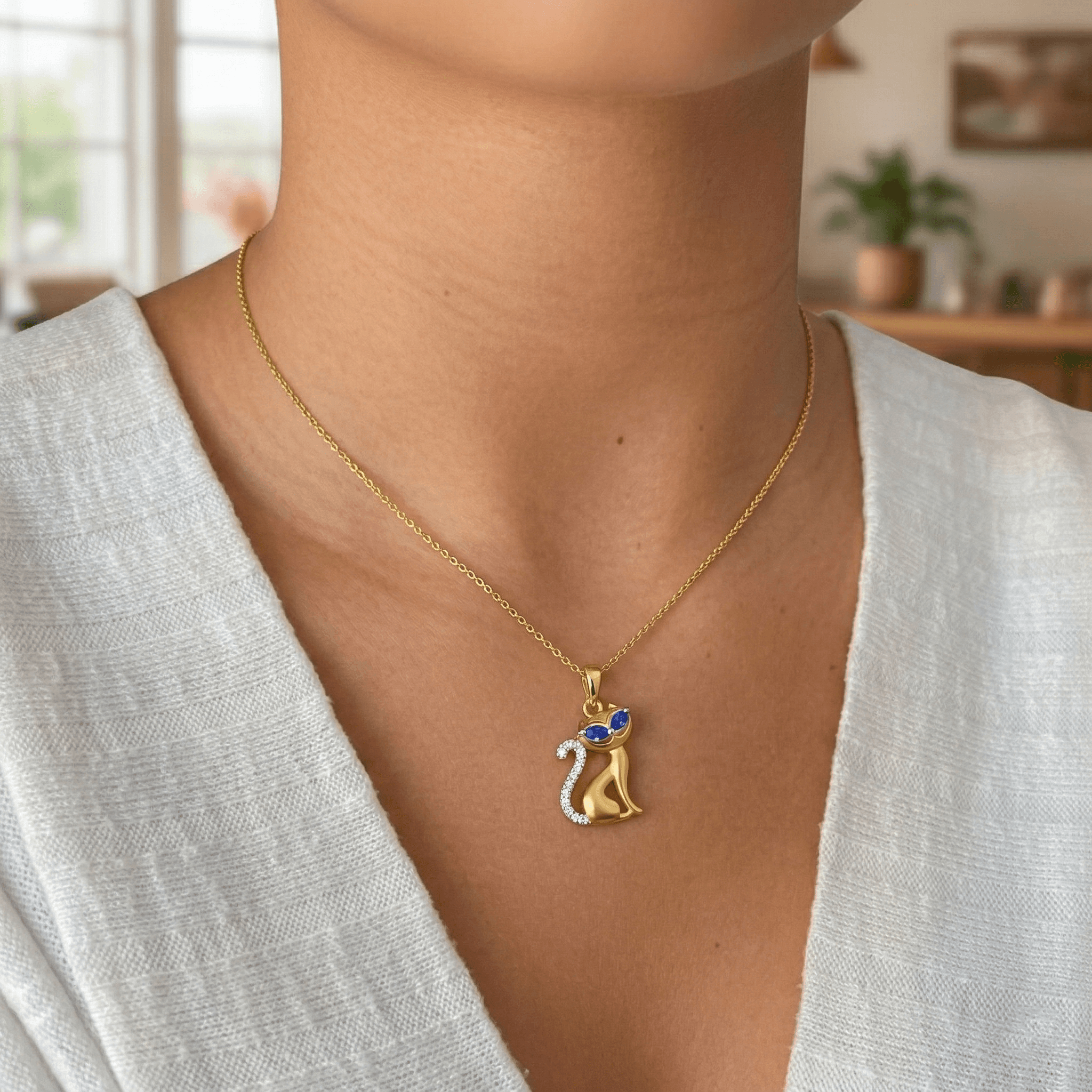 Graceful Sapphire-Eyed Cat Pendant , 