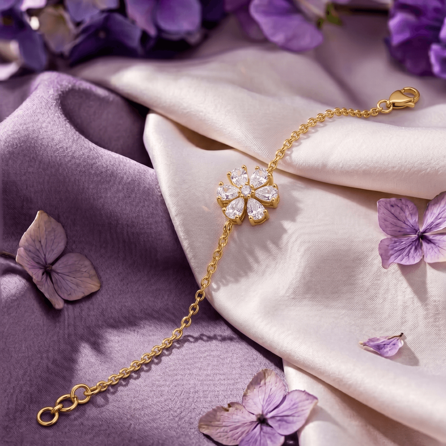 Floral Studded Gold Chain Bracelet , 