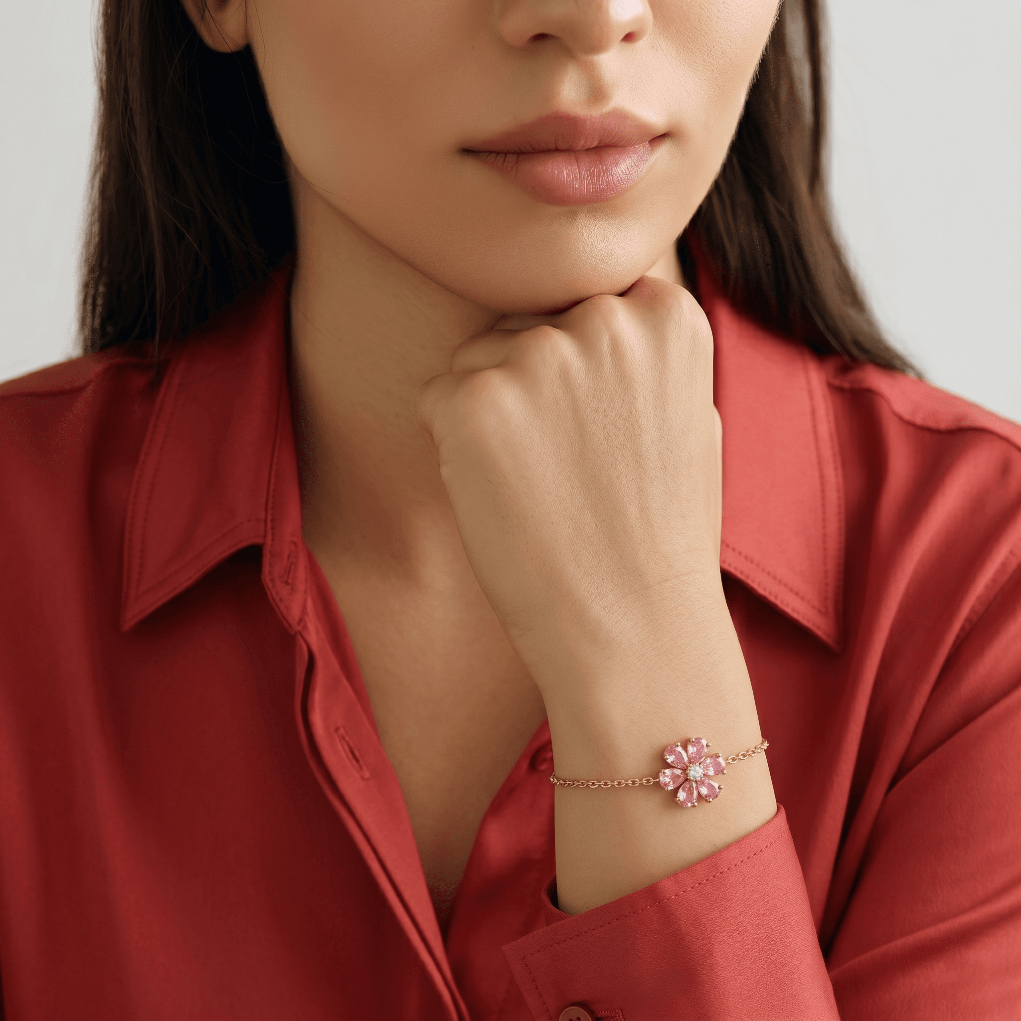 Dainty Pink Flower Chain Bracelet , 