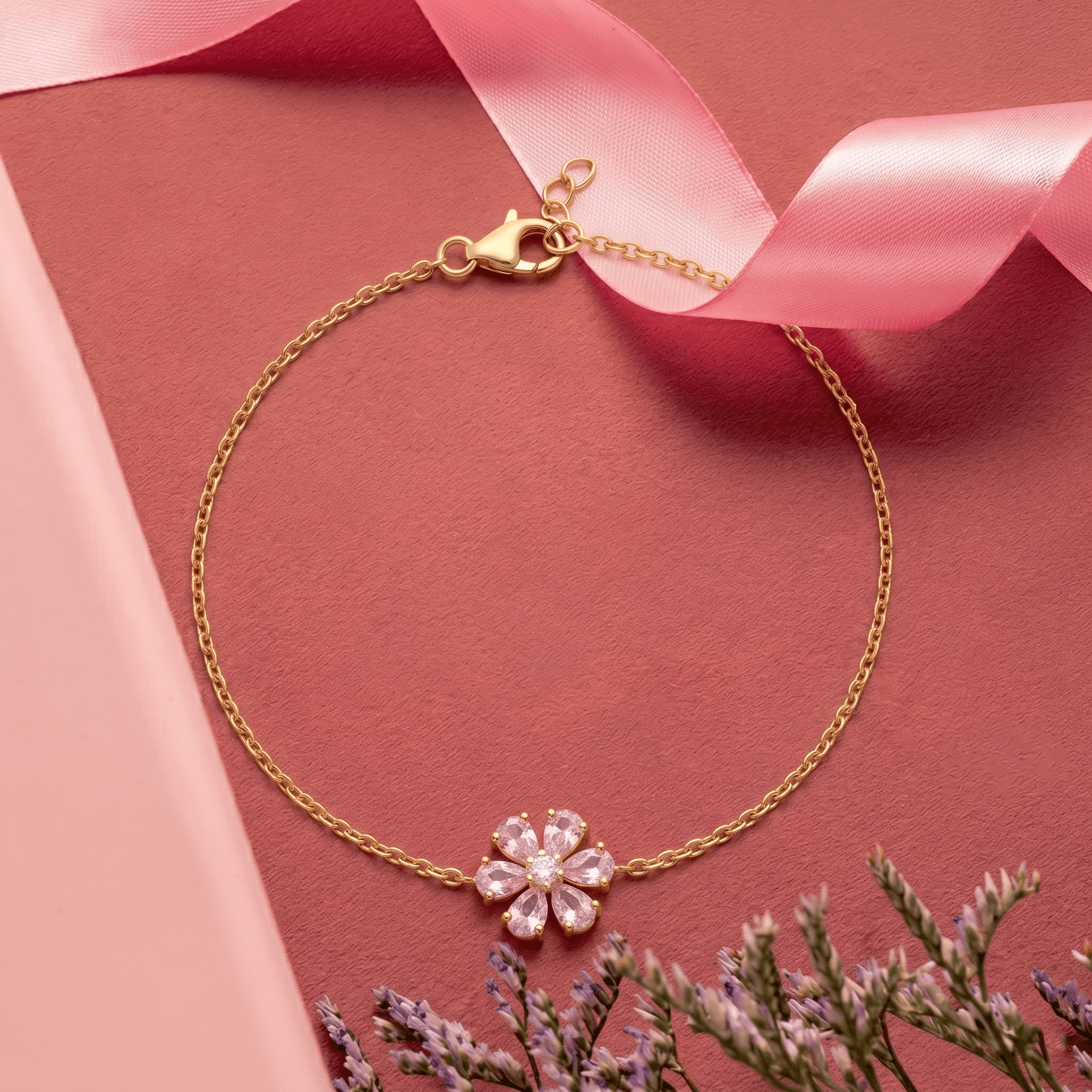 Dainty Pink Flower Chain Bracelet , 