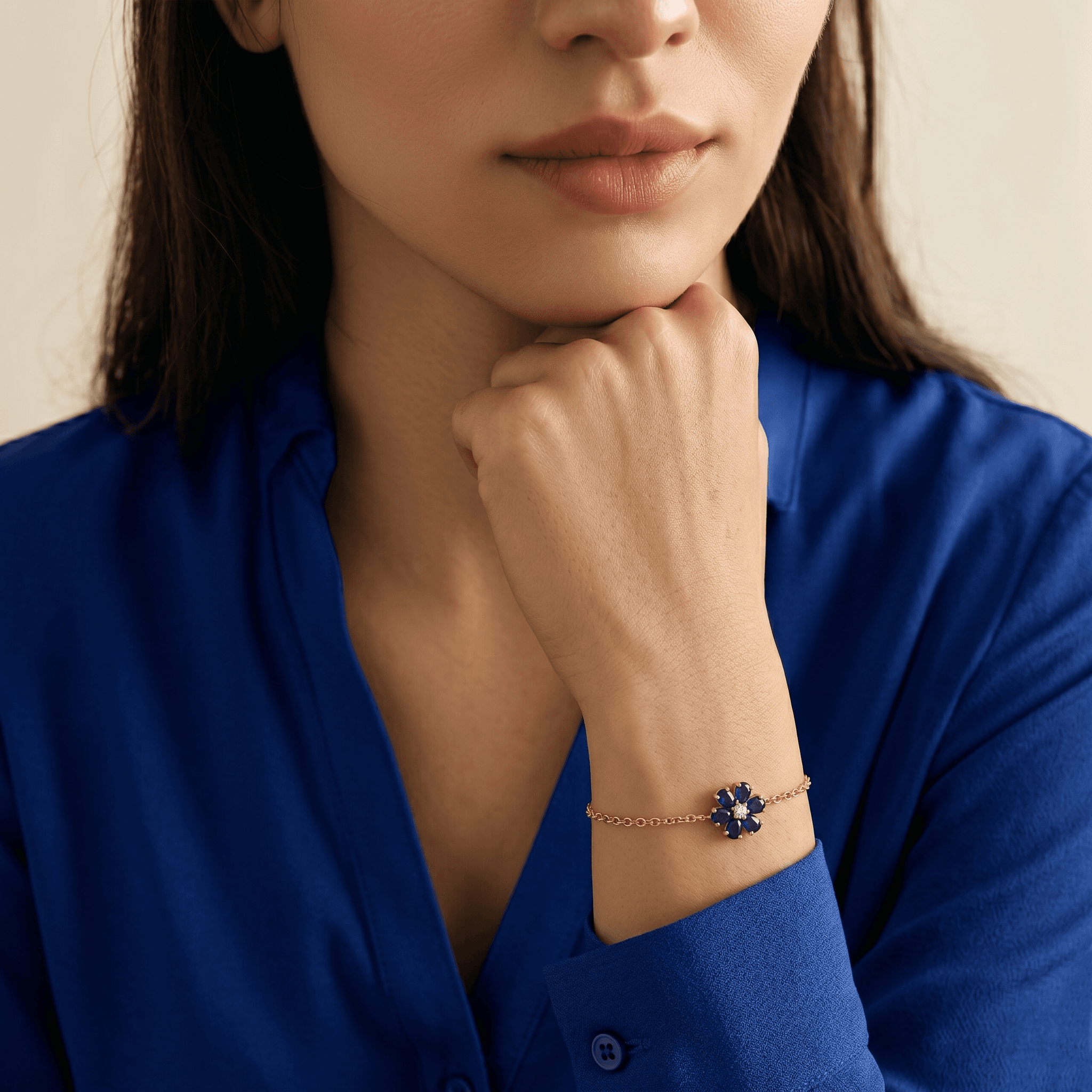 Blue Floral Charm Chain Bracelet , 