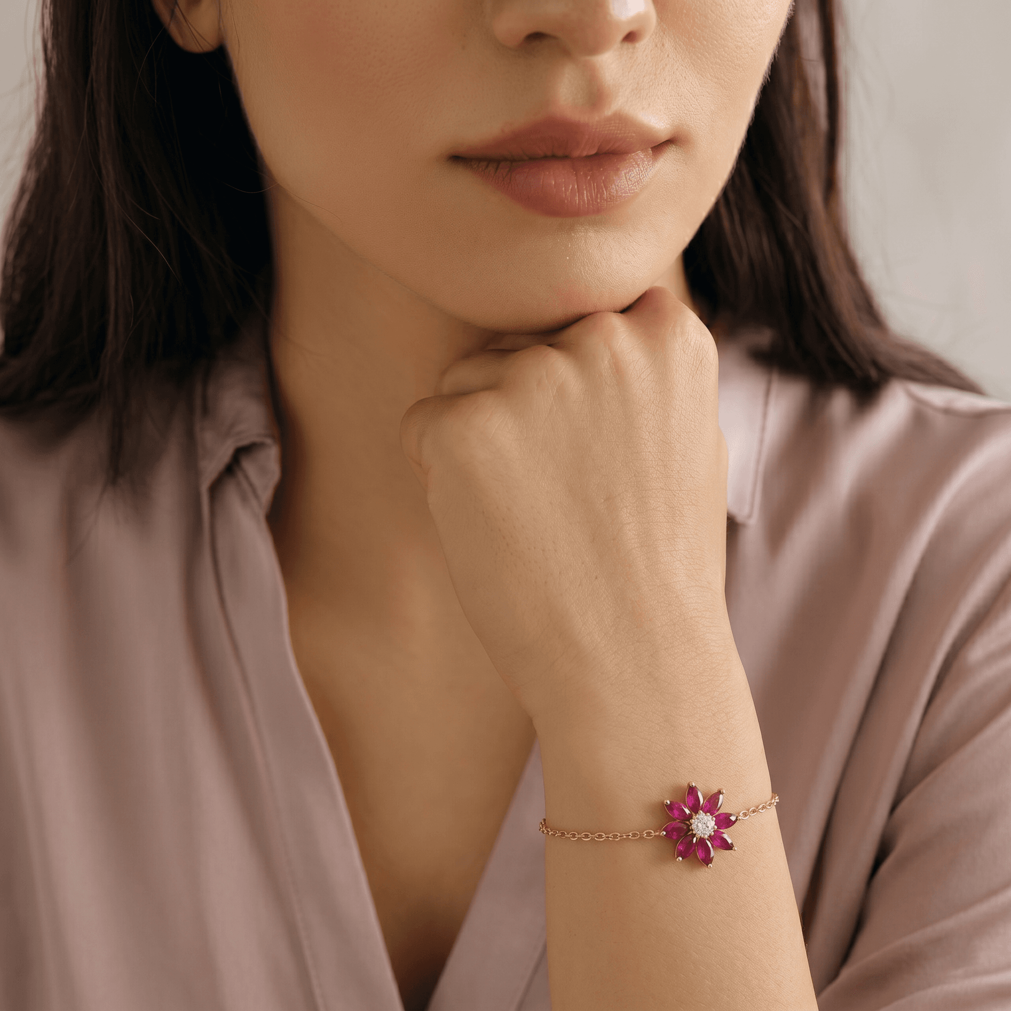 vermeil Gold Ruby Floral Chain Bracelet , 