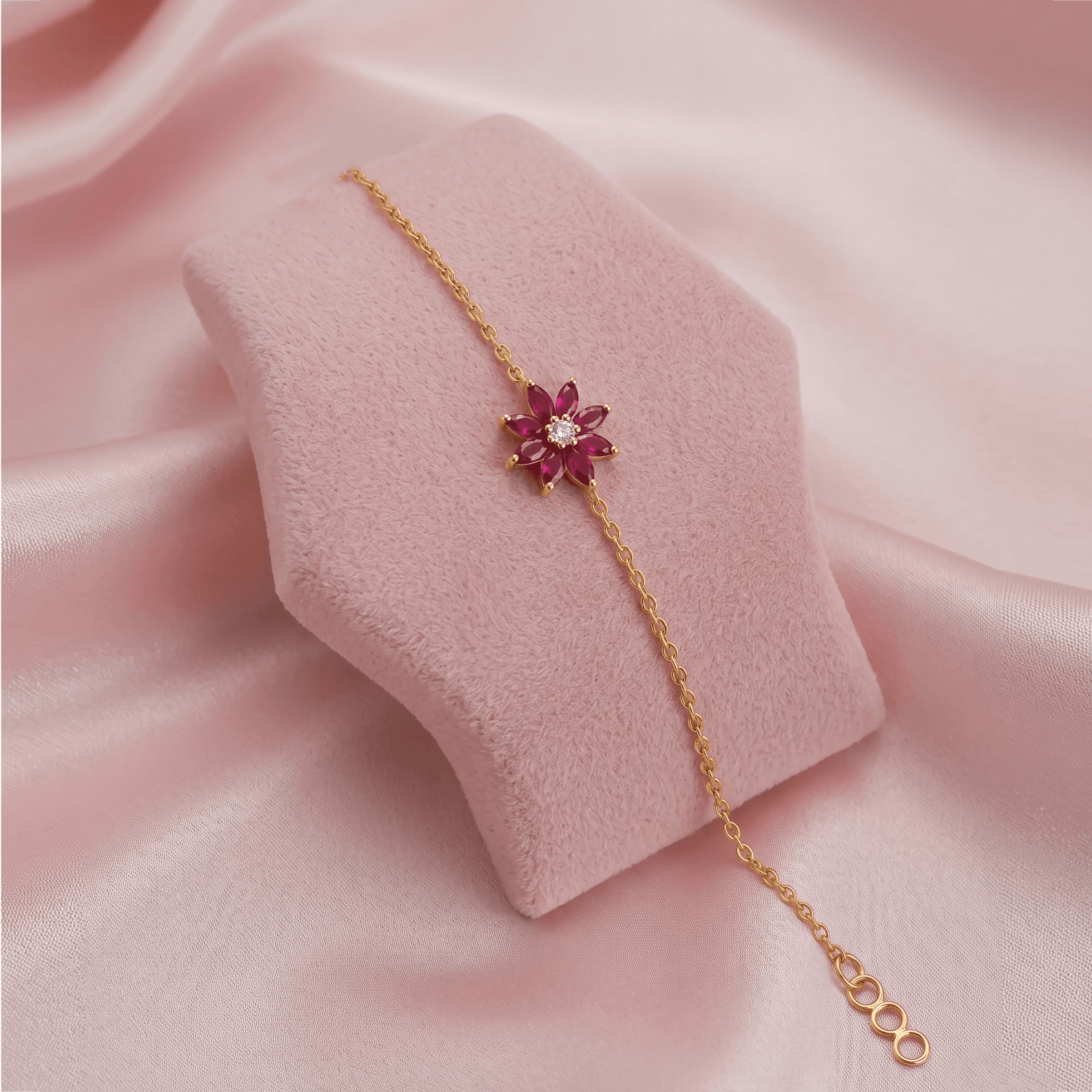 vermeil Gold Ruby Floral Chain Bracelet , 