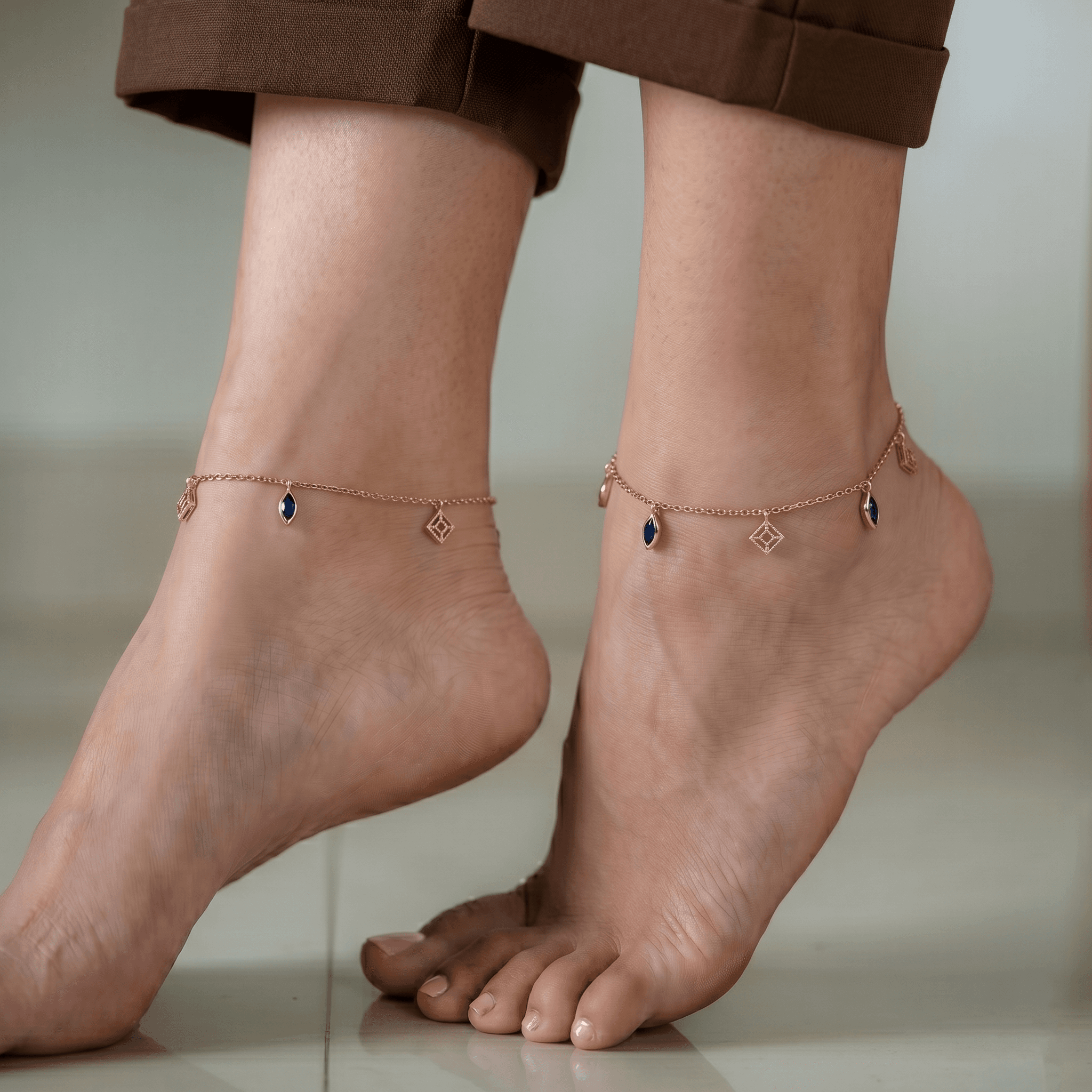 Rose Gold Sapphire-Blue Charm Anklet , 