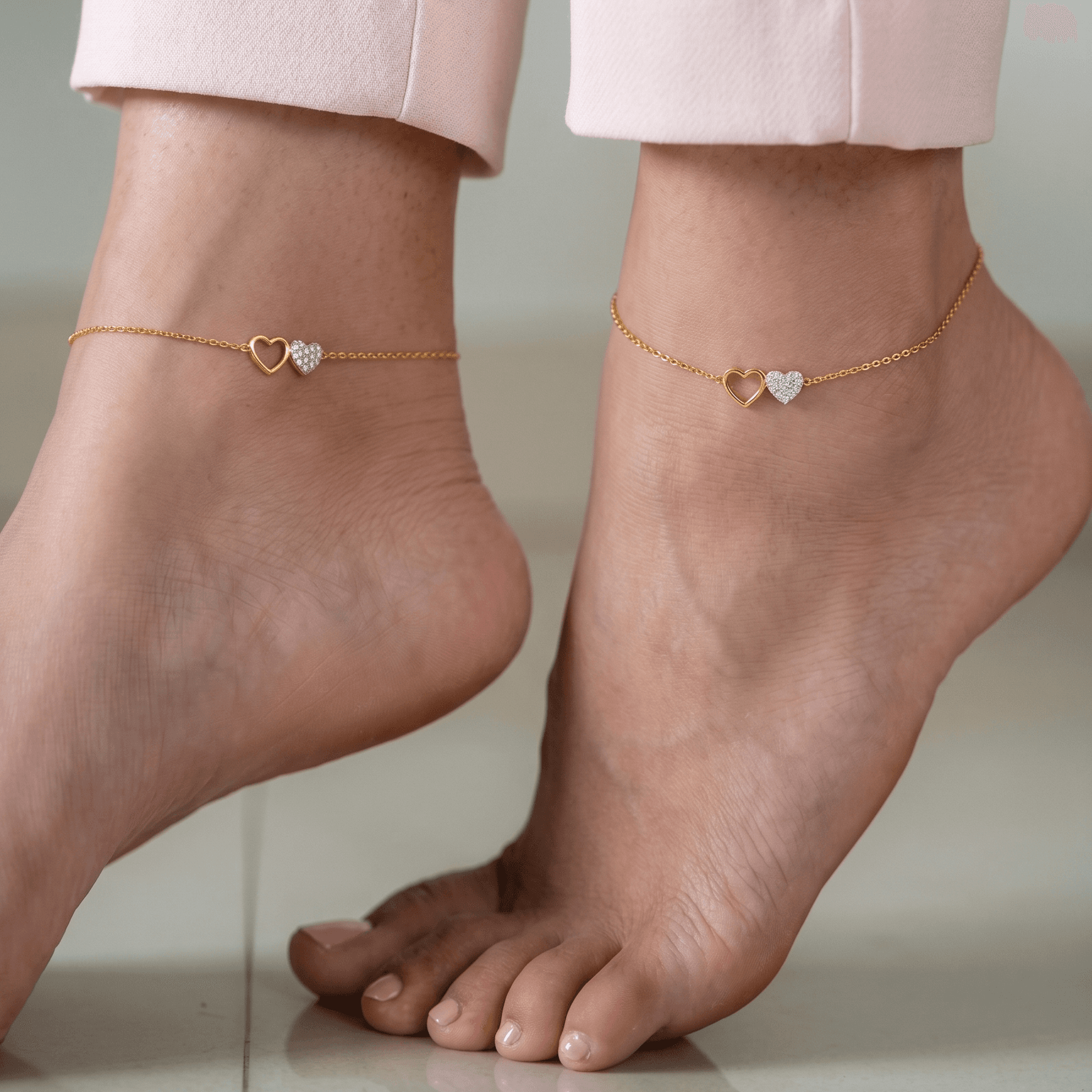 Dual Heart Gold & Vermeil Gold  Anklet Set. , 