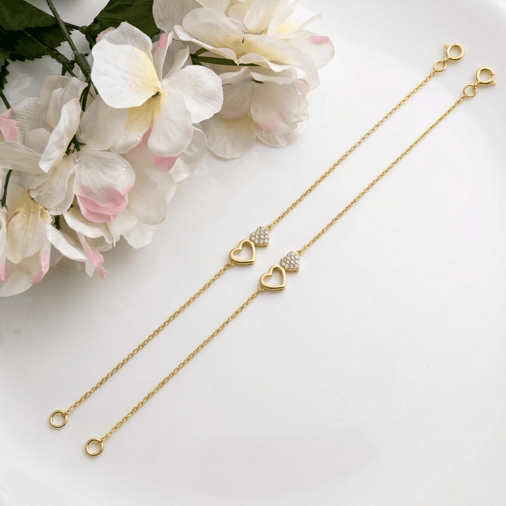 Dual Heart Gold & Vermeil Gold  Anklet Set. , 