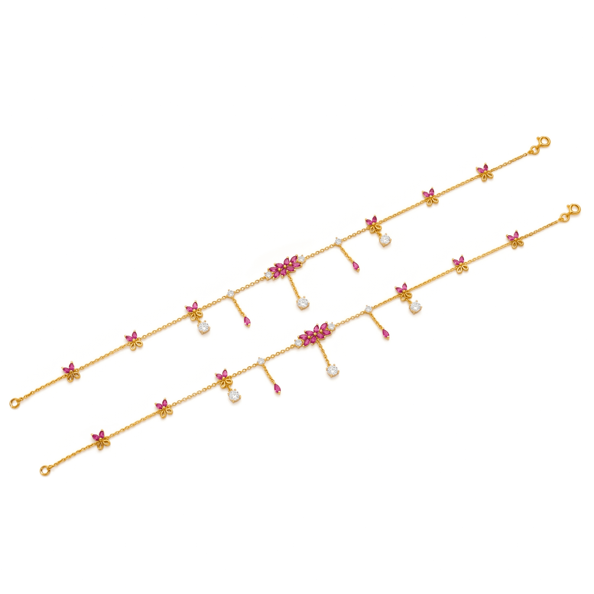Vermeil Gold Ruby & CZ Butterfly Anklet Set. , 