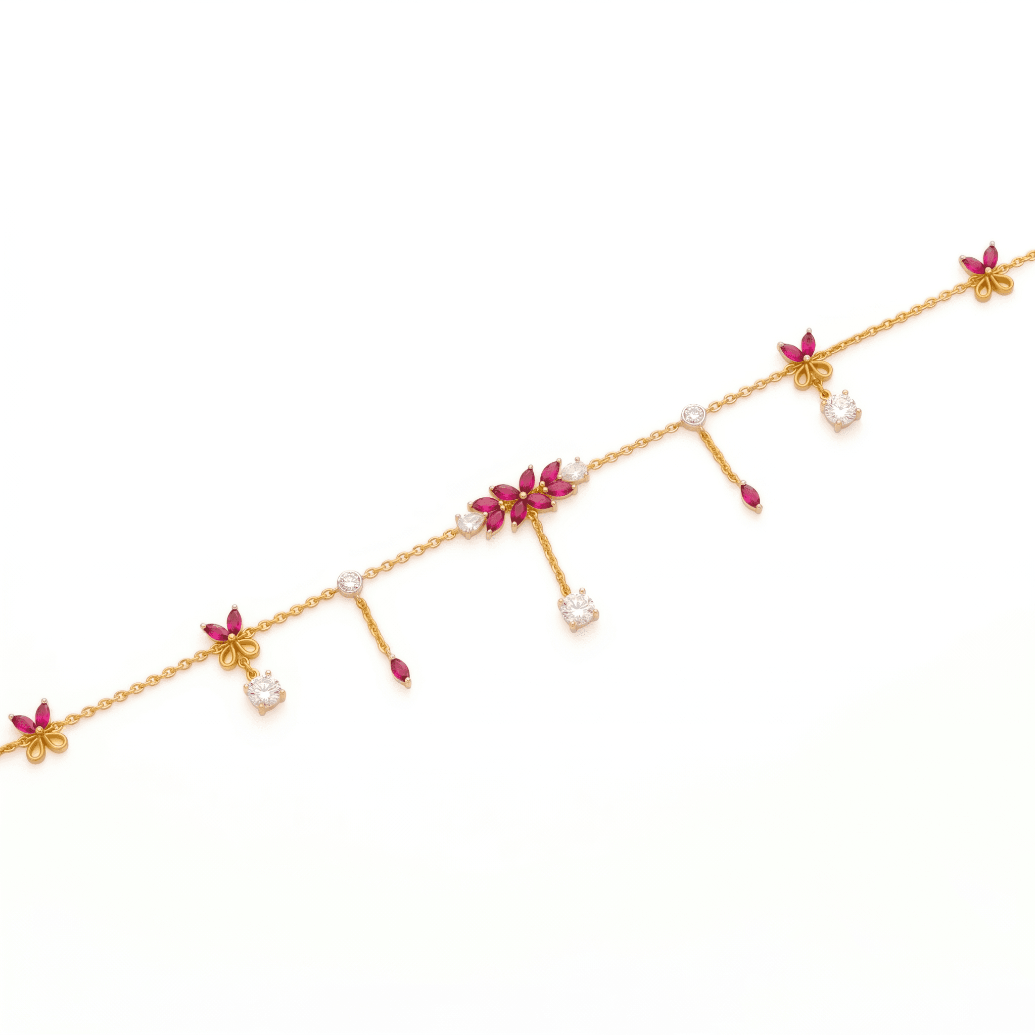 Vermeil Gold Ruby & CZ Butterfly Anklet Set. , 