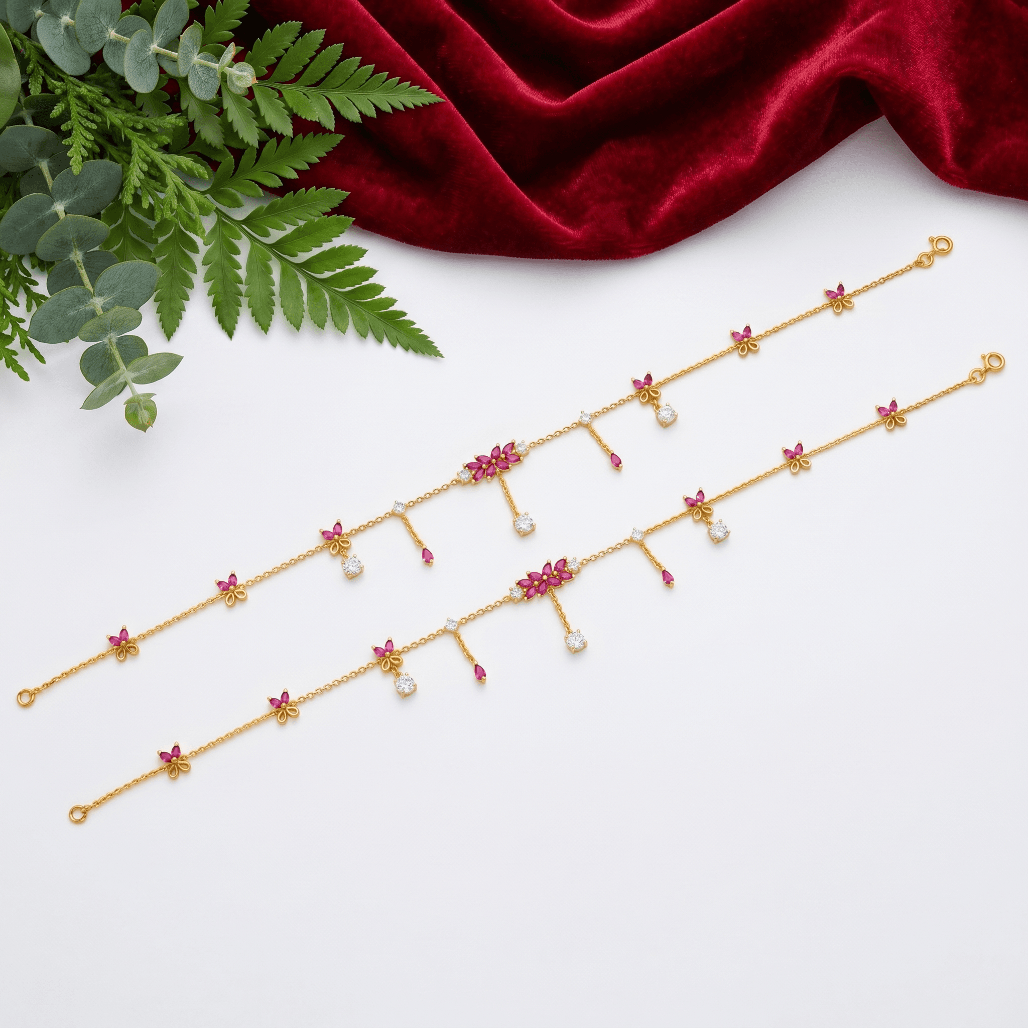 Vermeil Gold Ruby & CZ Butterfly Anklet Set. , 