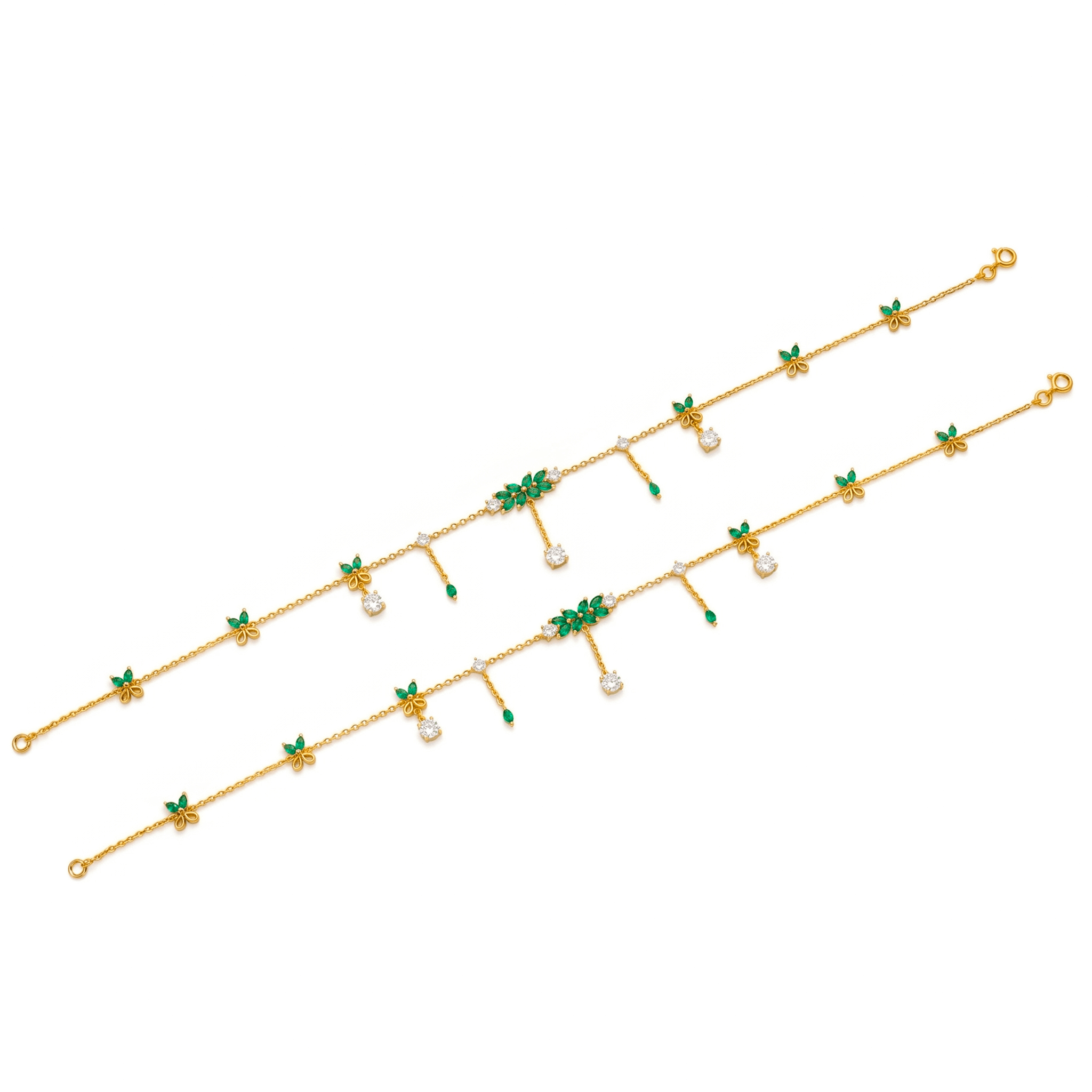 Emerald Leaf & Crystal Charm Gold Vermeil Anklet. , 