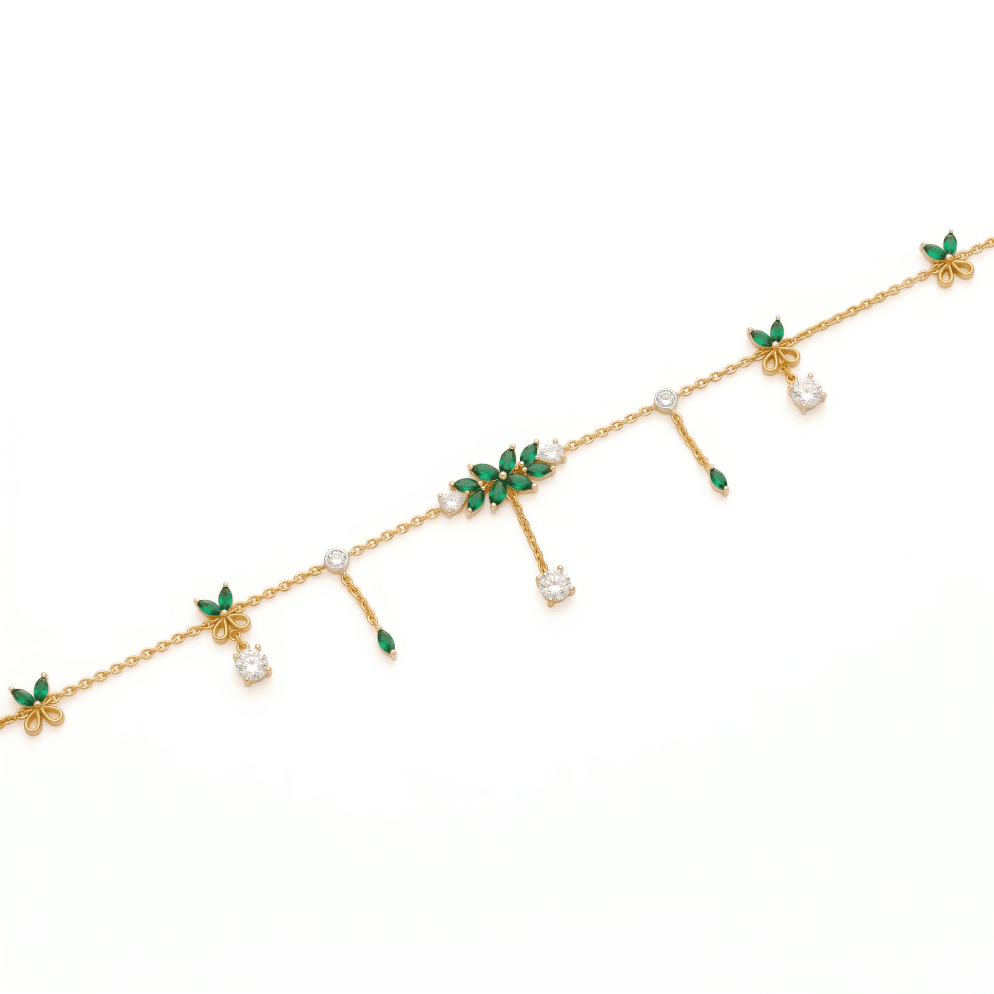 Emerald Leaf & Crystal Charm Gold Vermeil Anklet. , 
