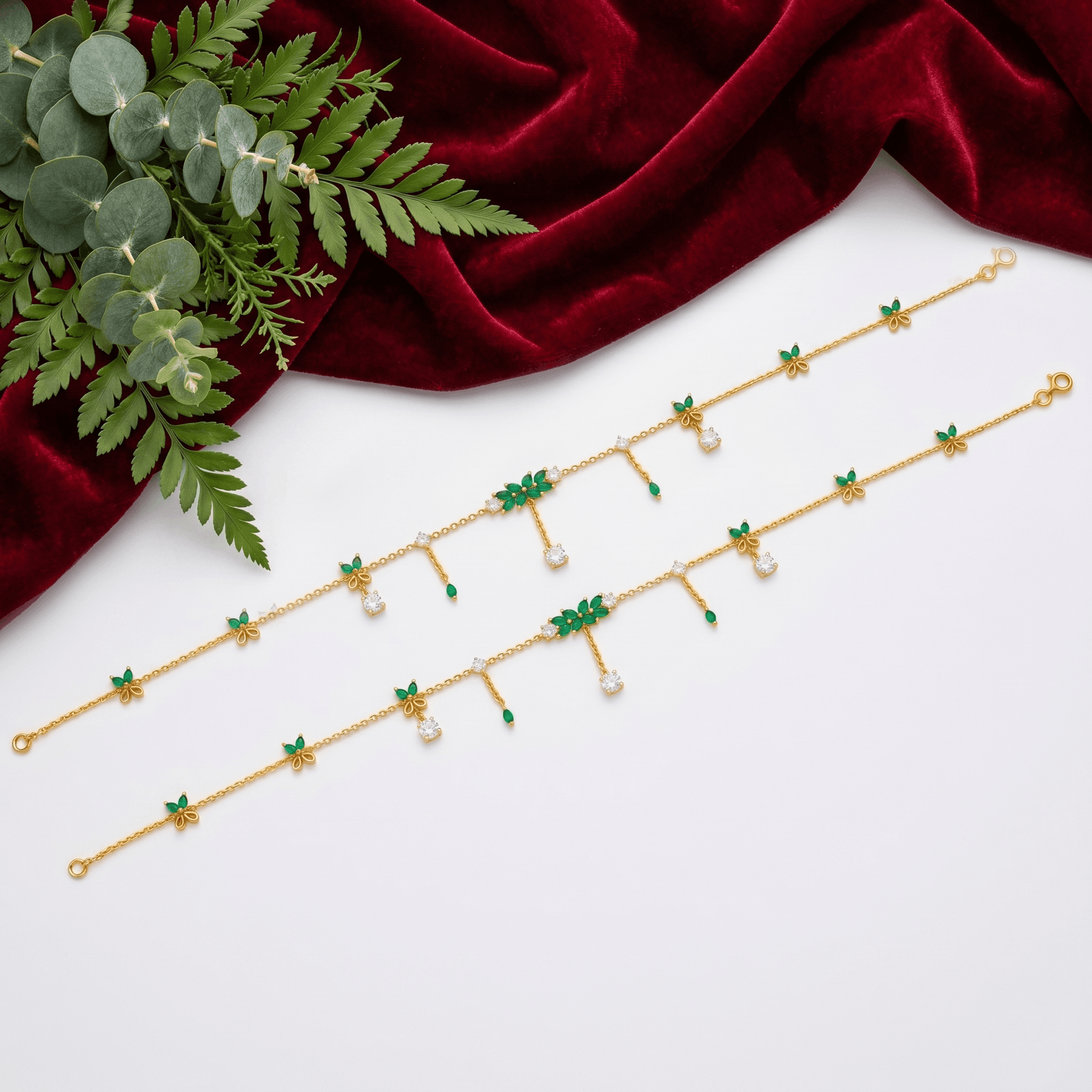 Emerald Leaf & Crystal Charm Gold Vermeil Anklet. , 