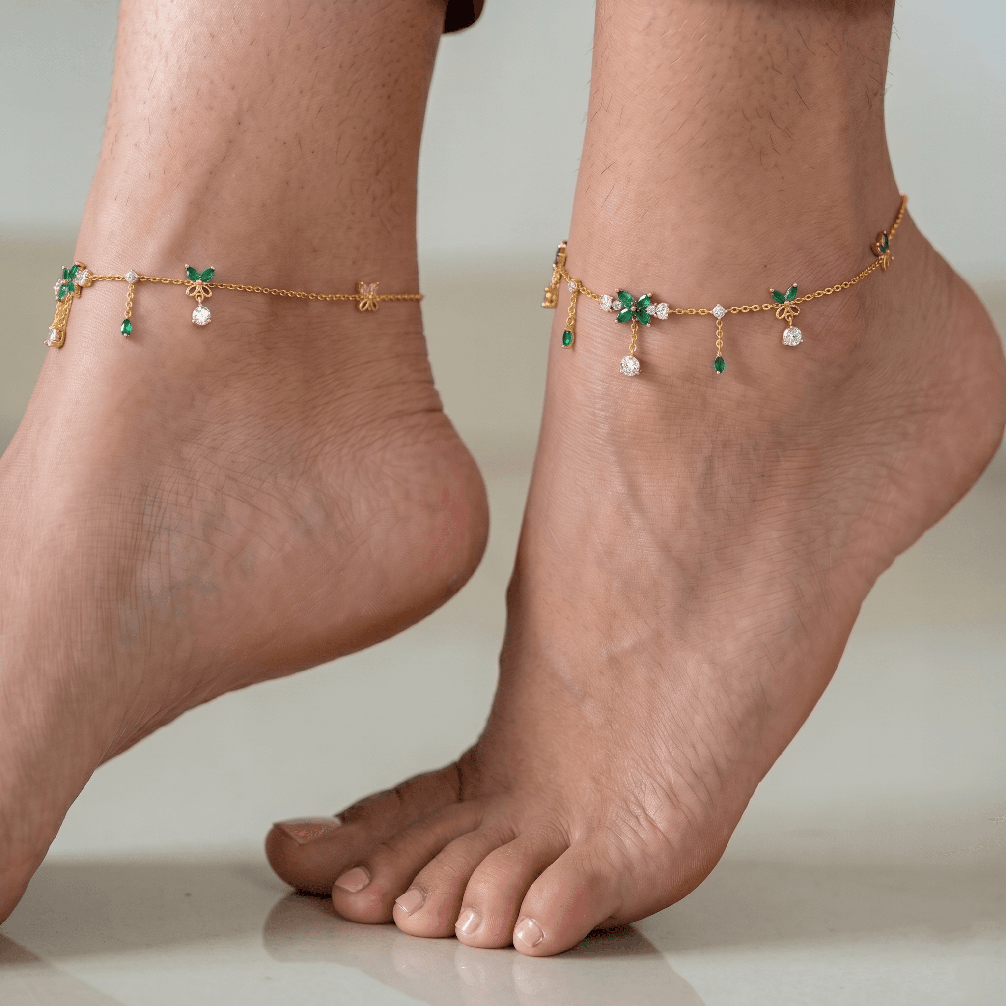 Emerald Leaf & Crystal Charm Gold Vermeil Anklet. , 