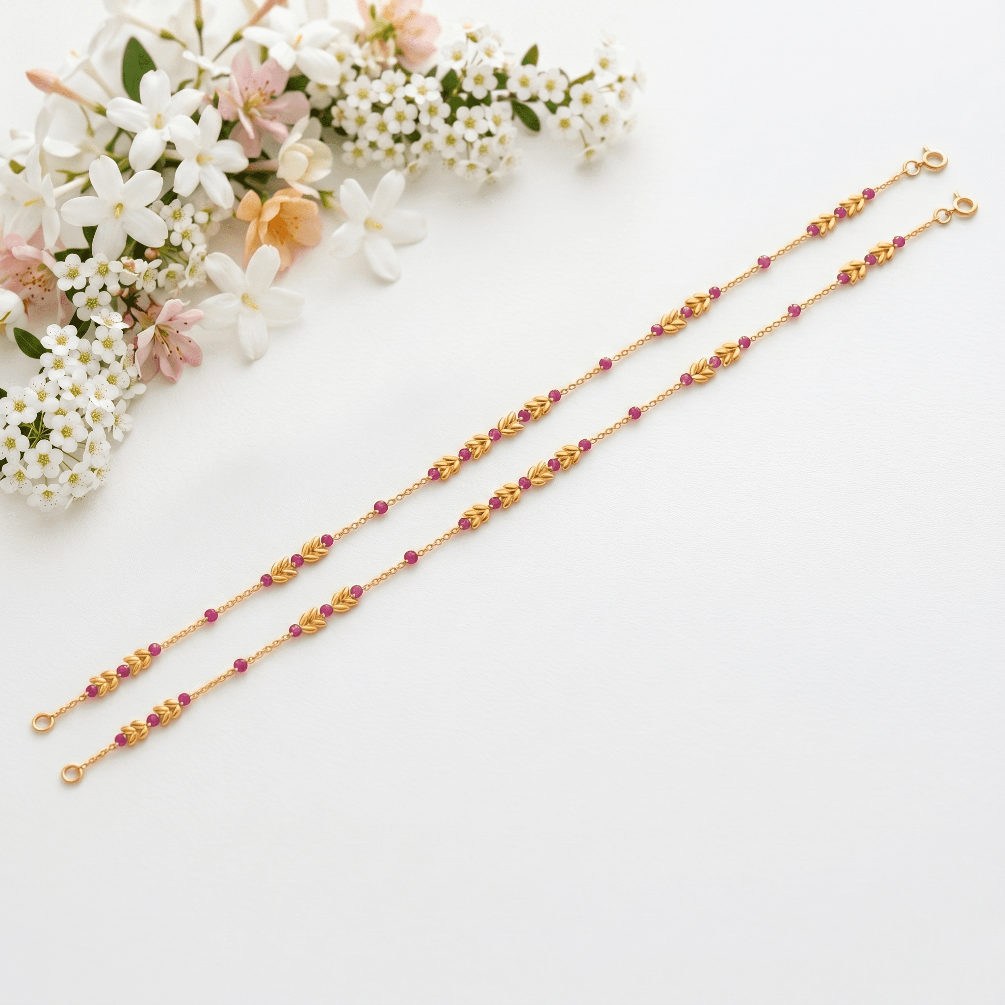 Golden Leaf & Ruby Bead Anklet. , 