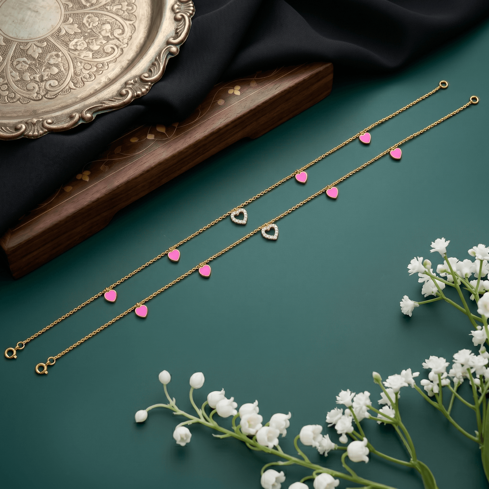 Pink Heart Charm Gold Vermeil Anklet. , 