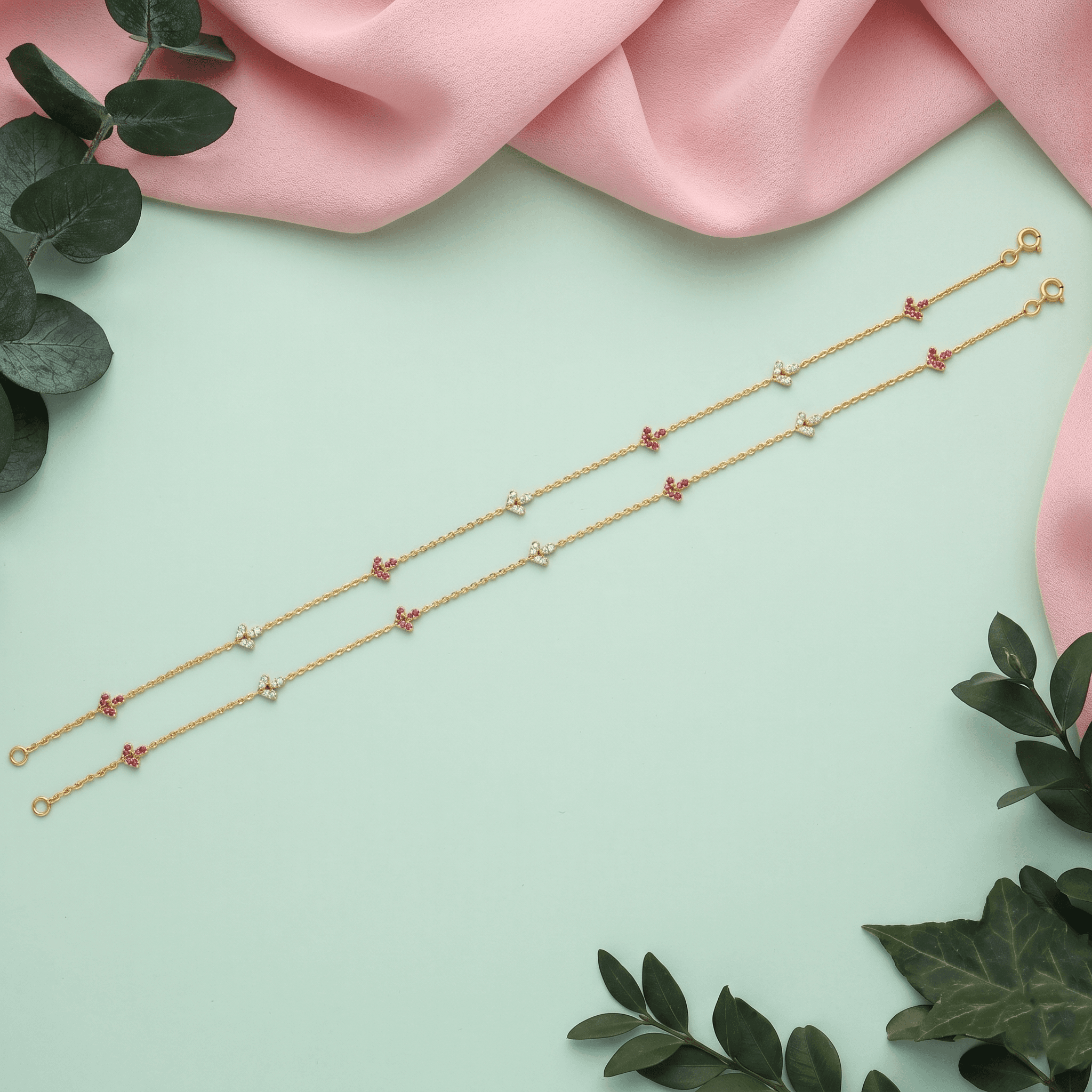 Gold Vermeil Ruby and White Stone Anklet. , 