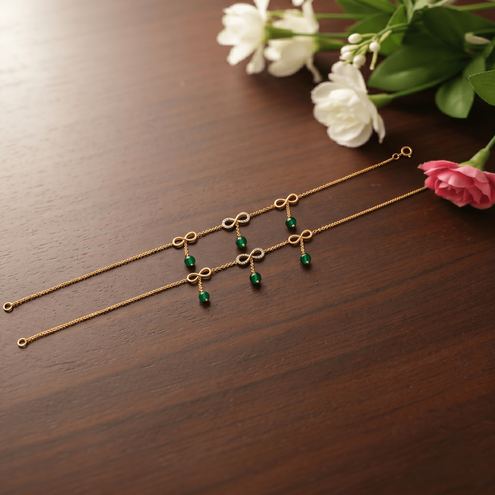 Infinity Bow Green Bead Gold Vermeil Anklet. , 
