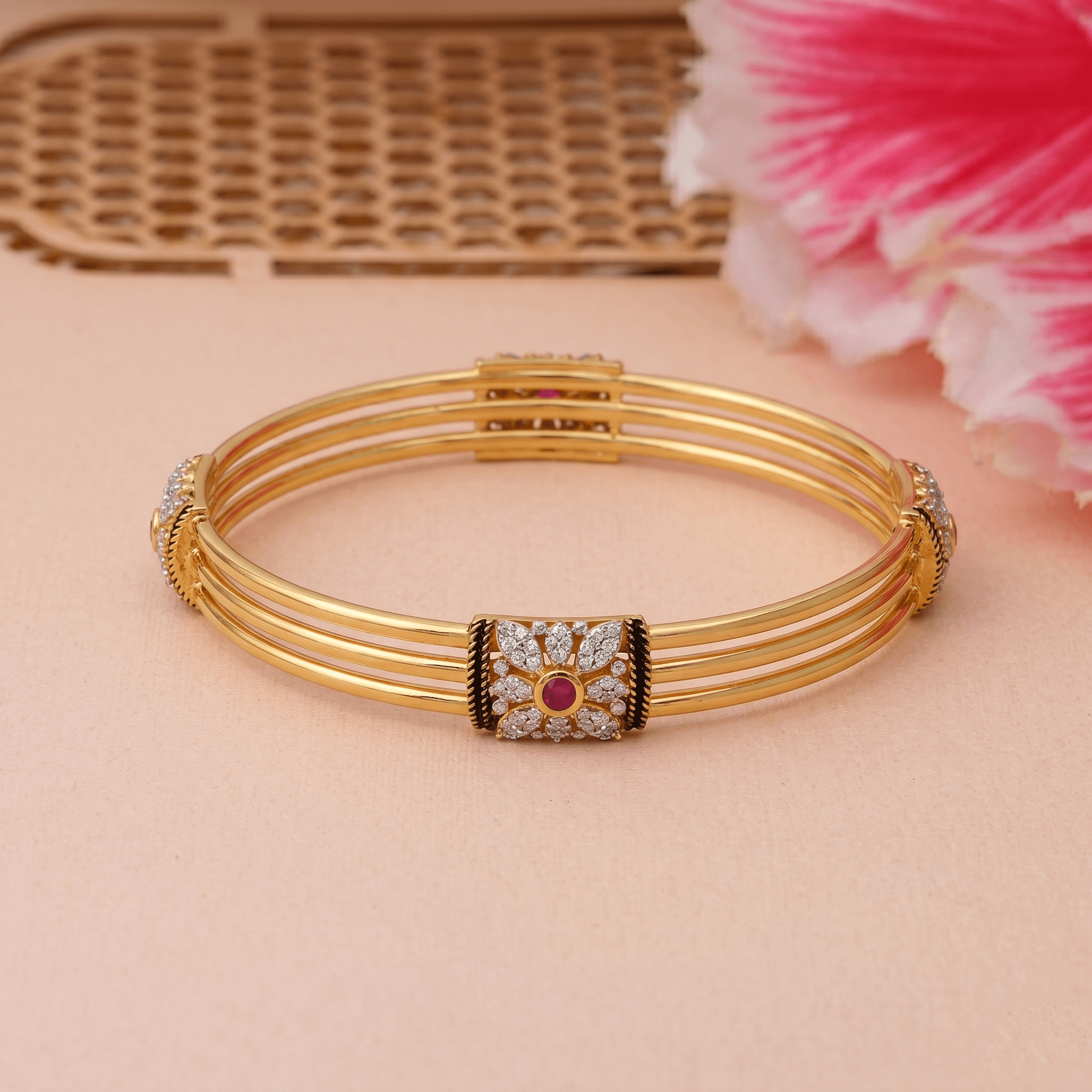 Triple-Band Ruby Floral Station Bangle , 2.3