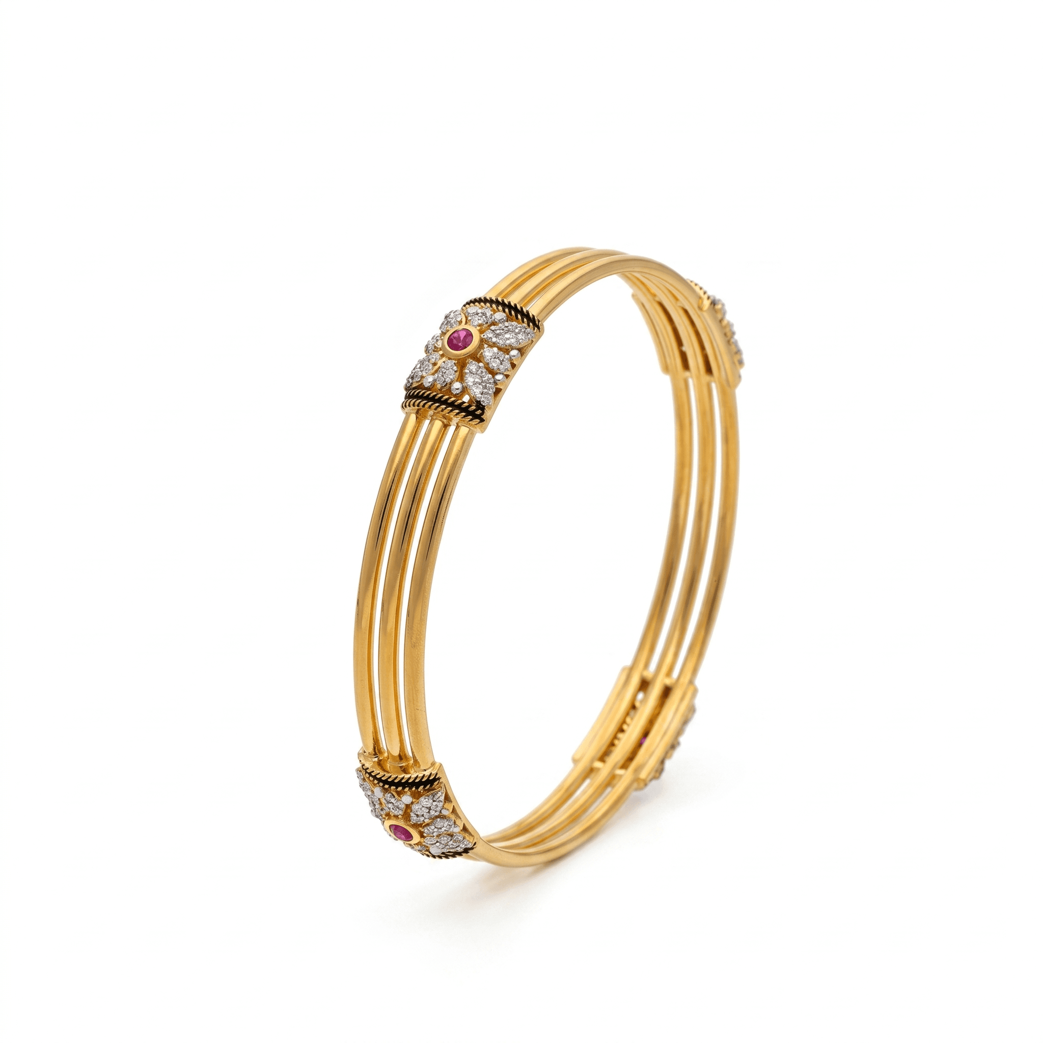 Triple-Band Ruby Floral Station Bangle , 2.3