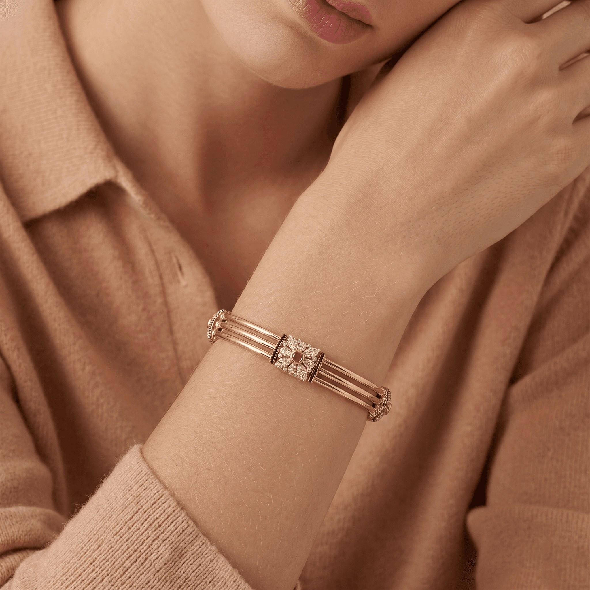 Triple-Band Ruby Floral Station Bangle , 2.3