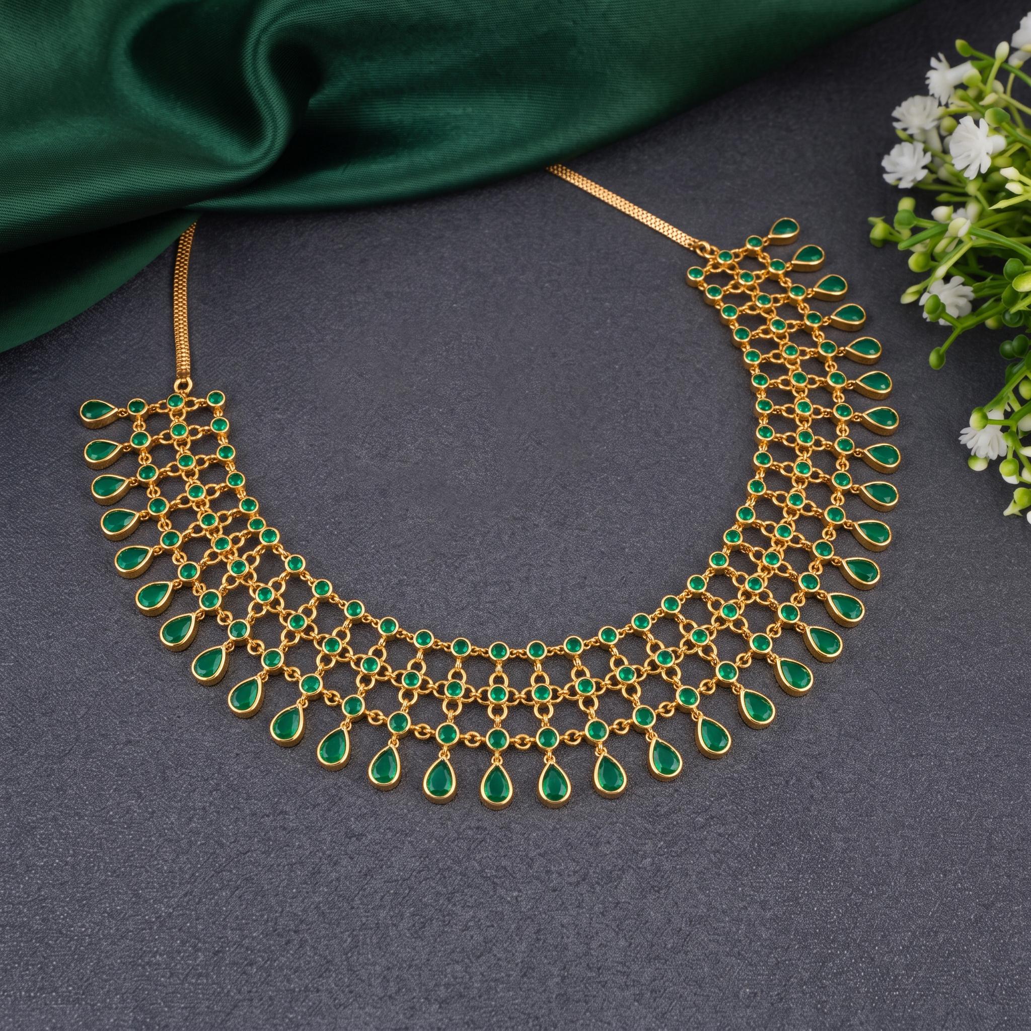 Green Emerald Mesh Drop Choker Necklace , 