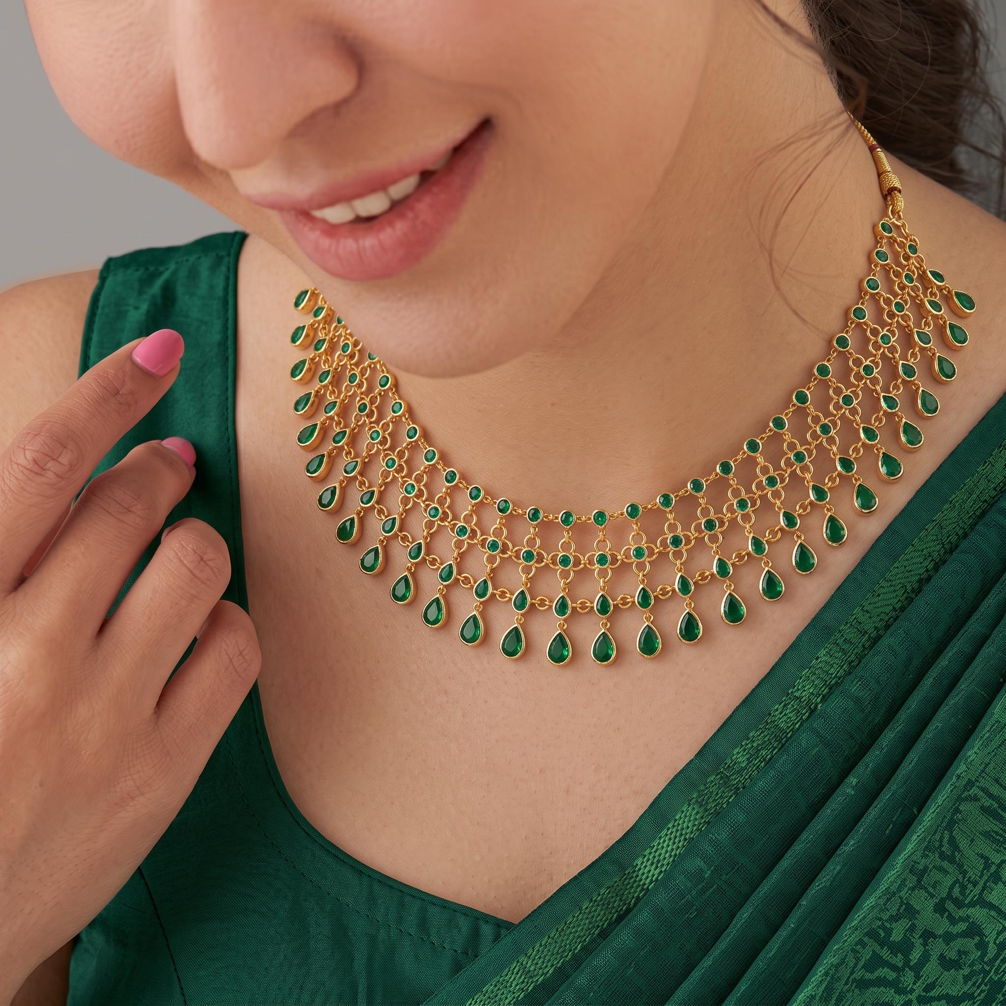 Green Emerald Mesh Drop Choker Necklace , 