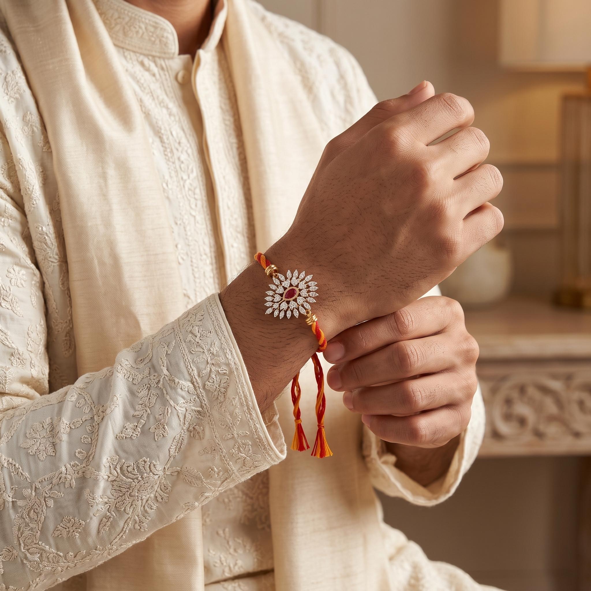 Sunburst Cz Ruby Drop Rakhi , 