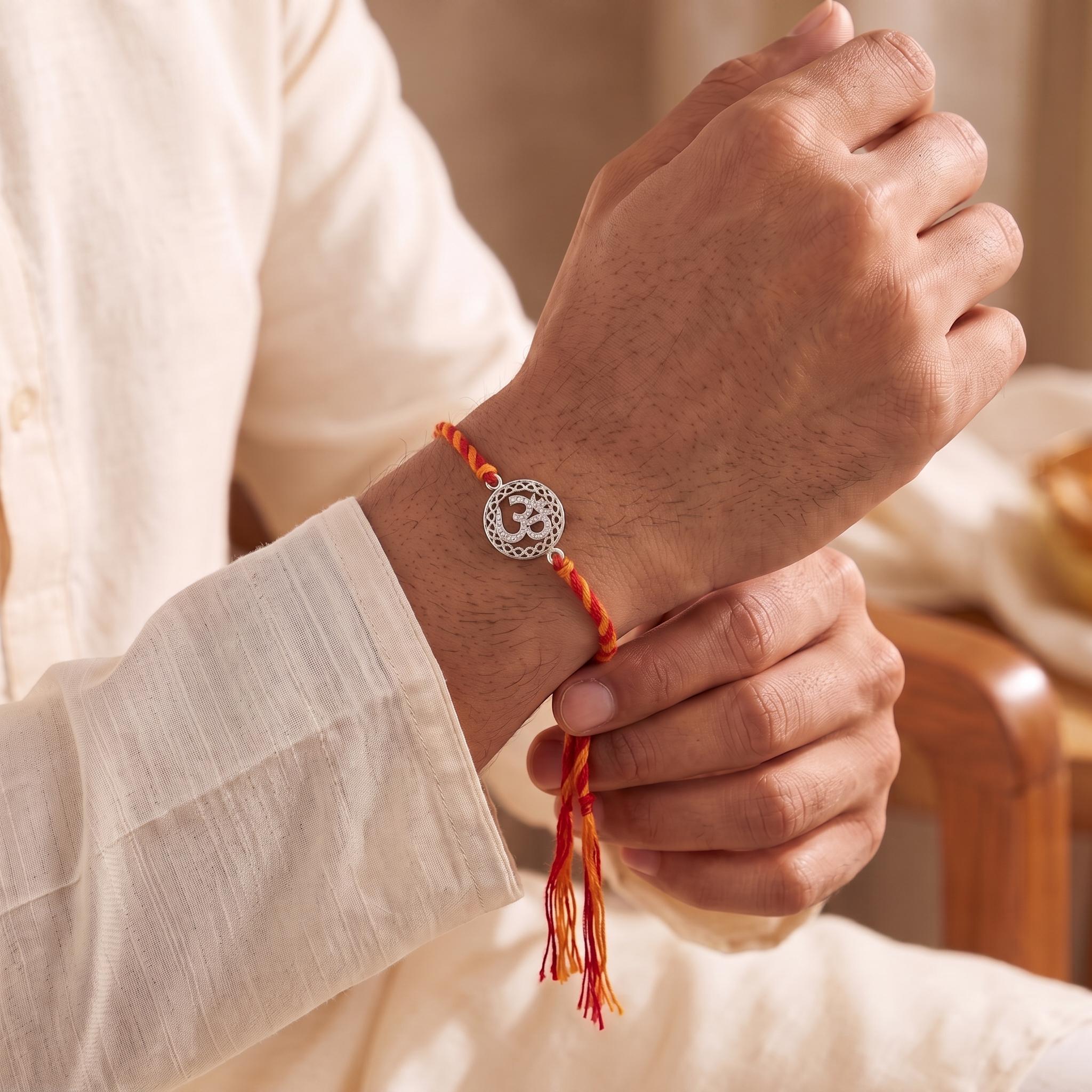 Sacred Om Mesh Filigree Silver Rakhi , 
