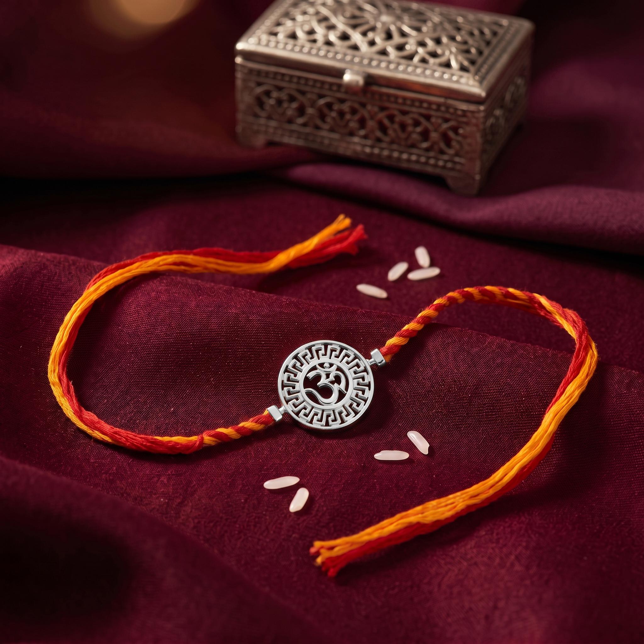 Sacred Om Greek Key Pattern Silver Rakhi , 
