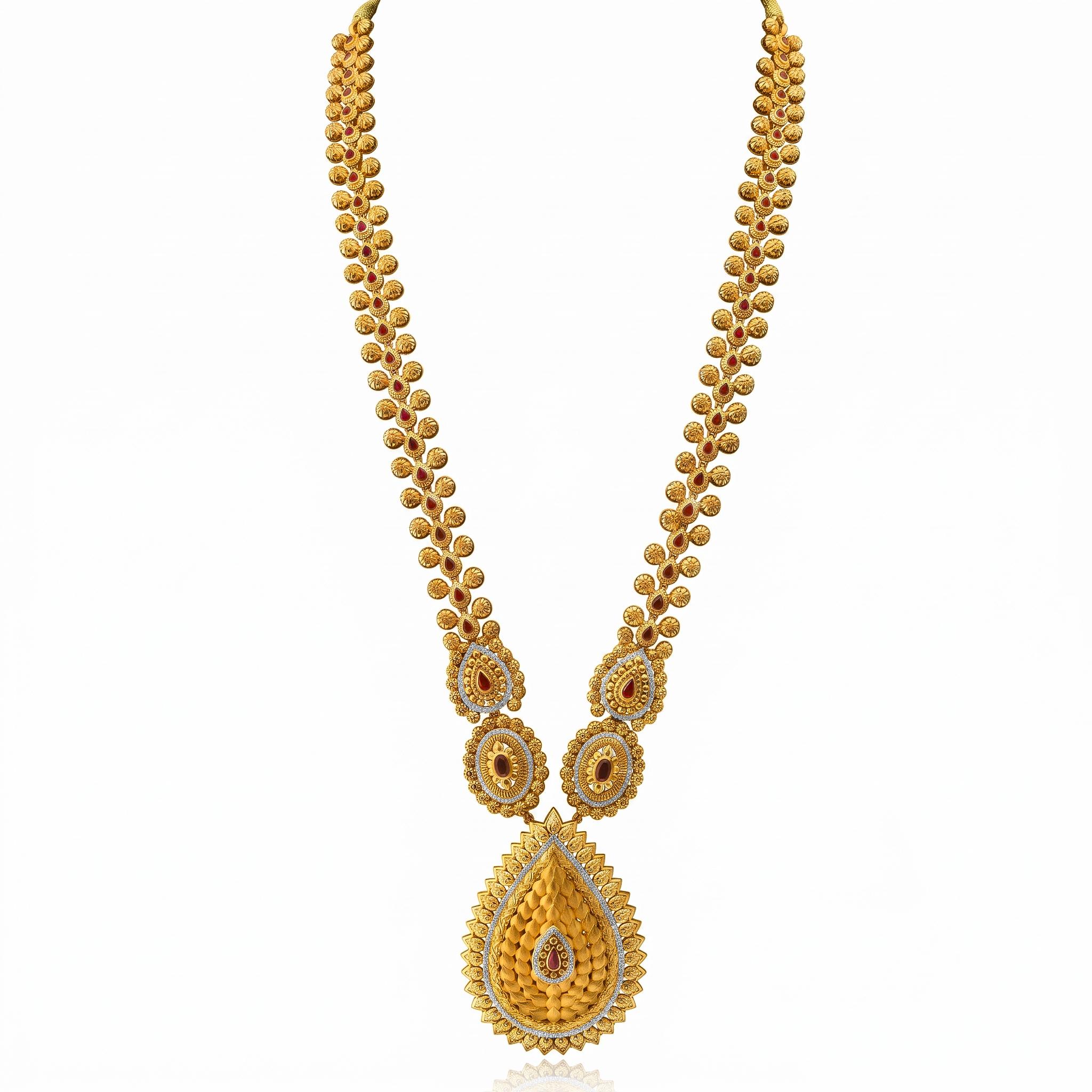 Grand Textured Pear Medallion Long Necklace , 