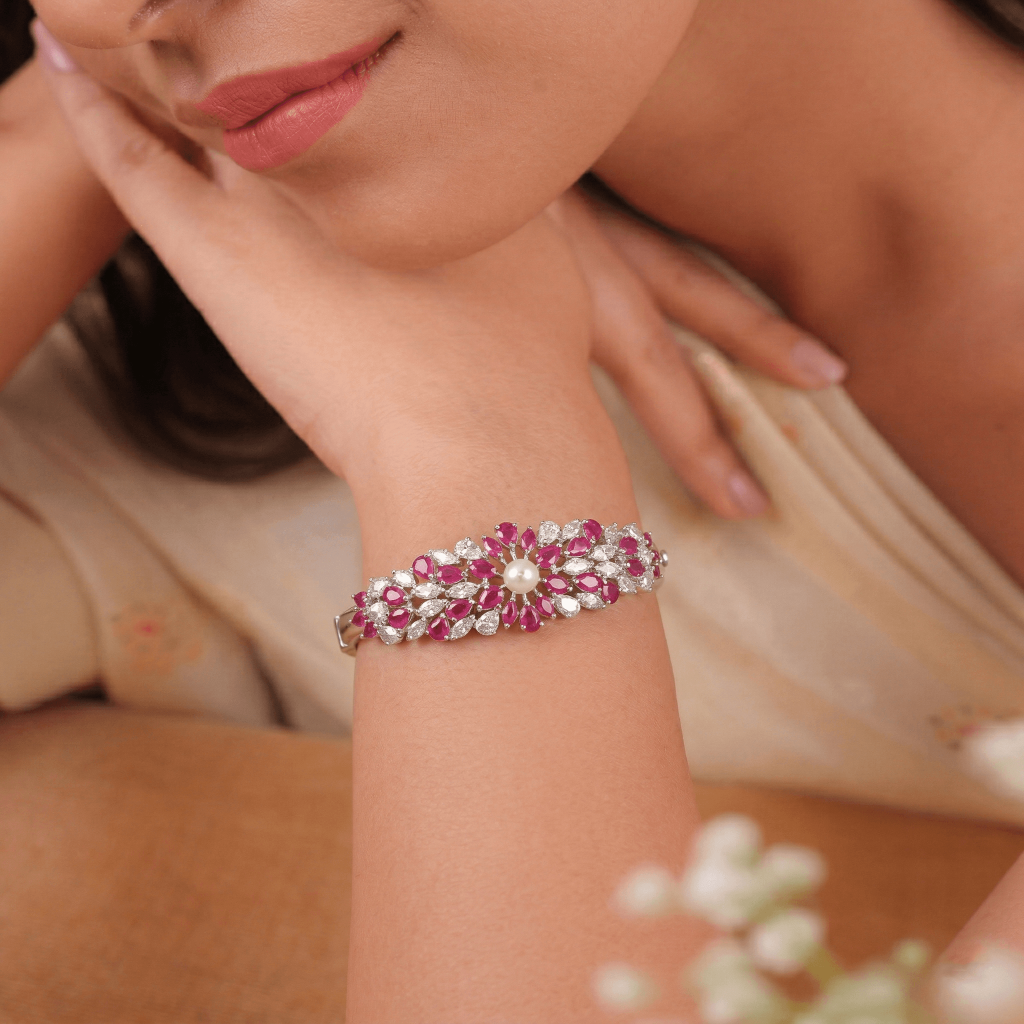 Ruby Floral Pearl Bangle , 2.3