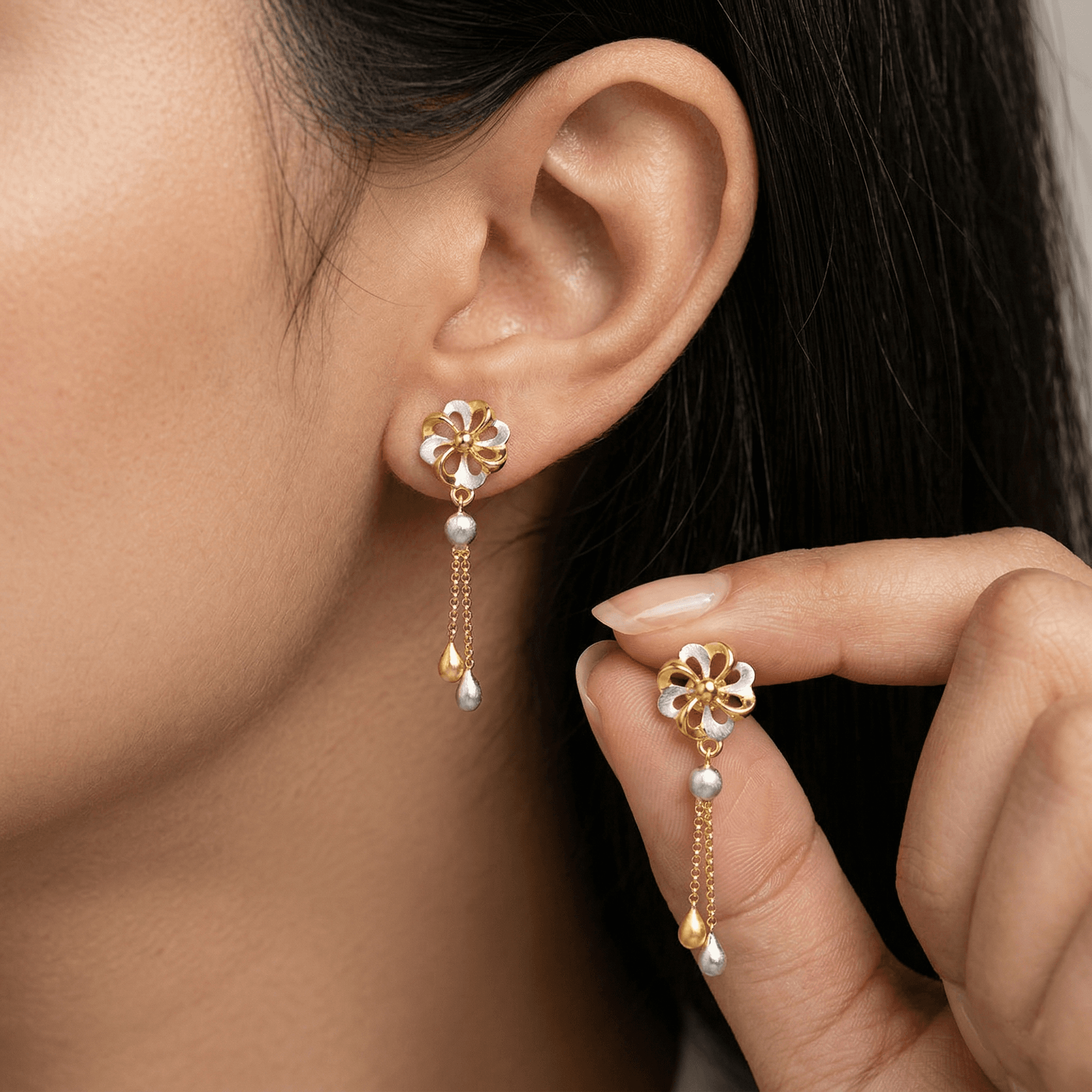 Two-Tone Floral Drop Earrings , South Screw