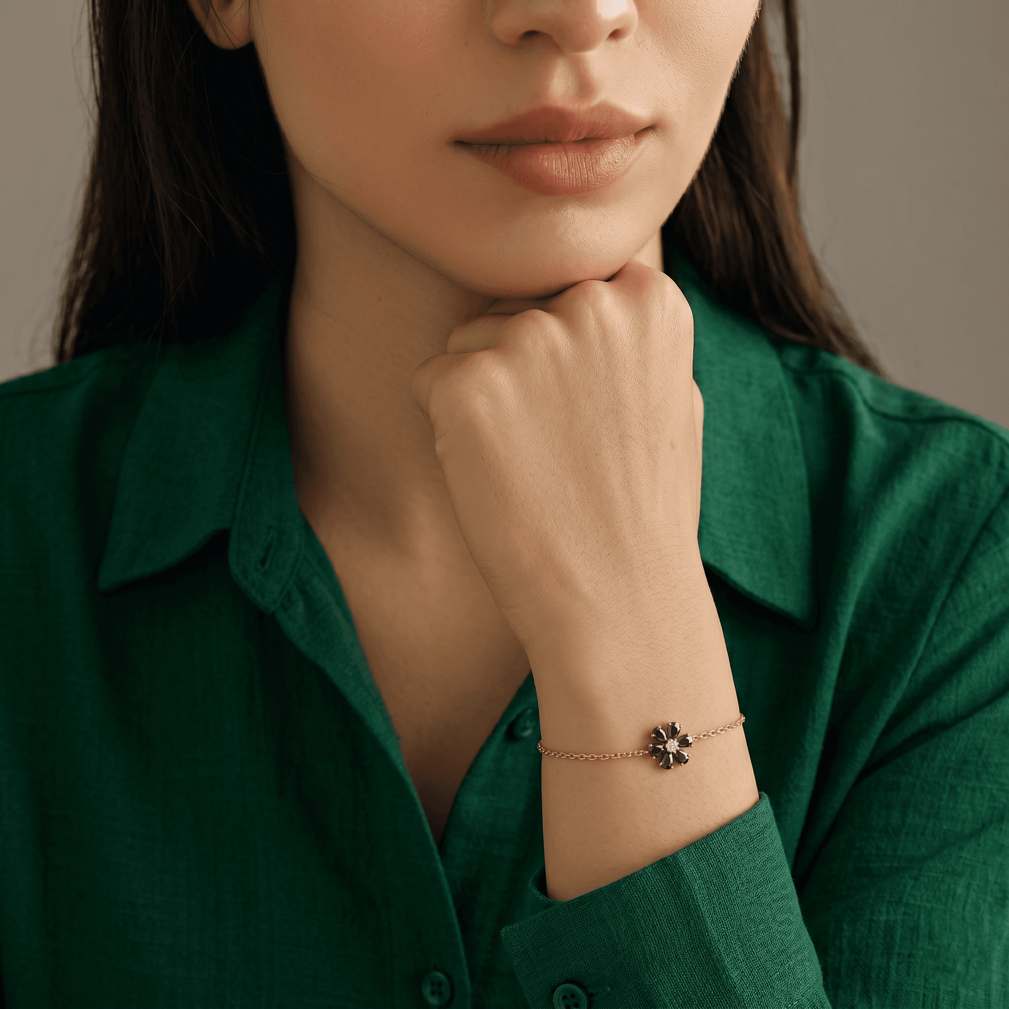 Dainty Black Spinel Flower Bracelet ,