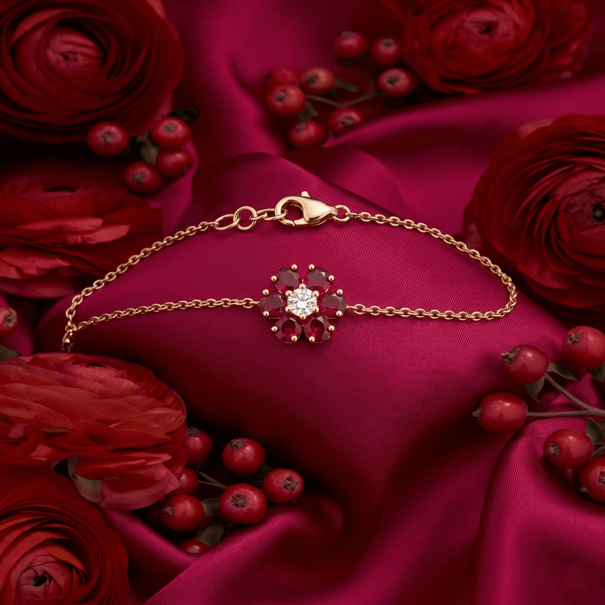 Ruby Flower Gold Chain Bracelet ,