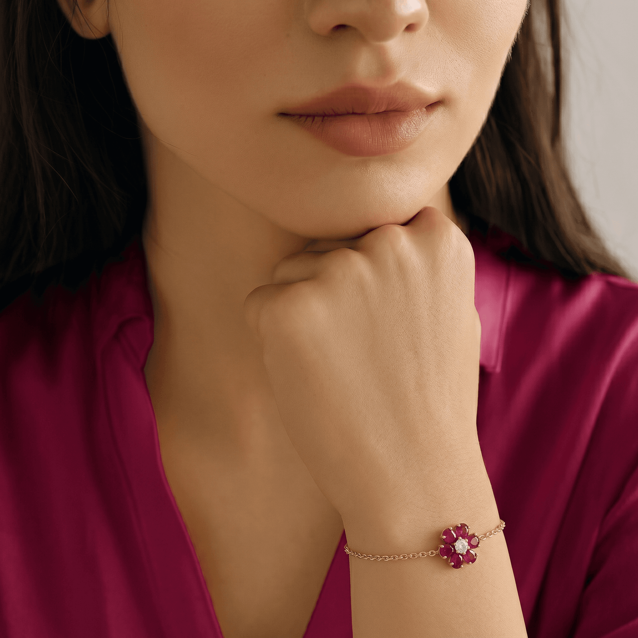 Ruby Flower Gold Chain Bracelet ,