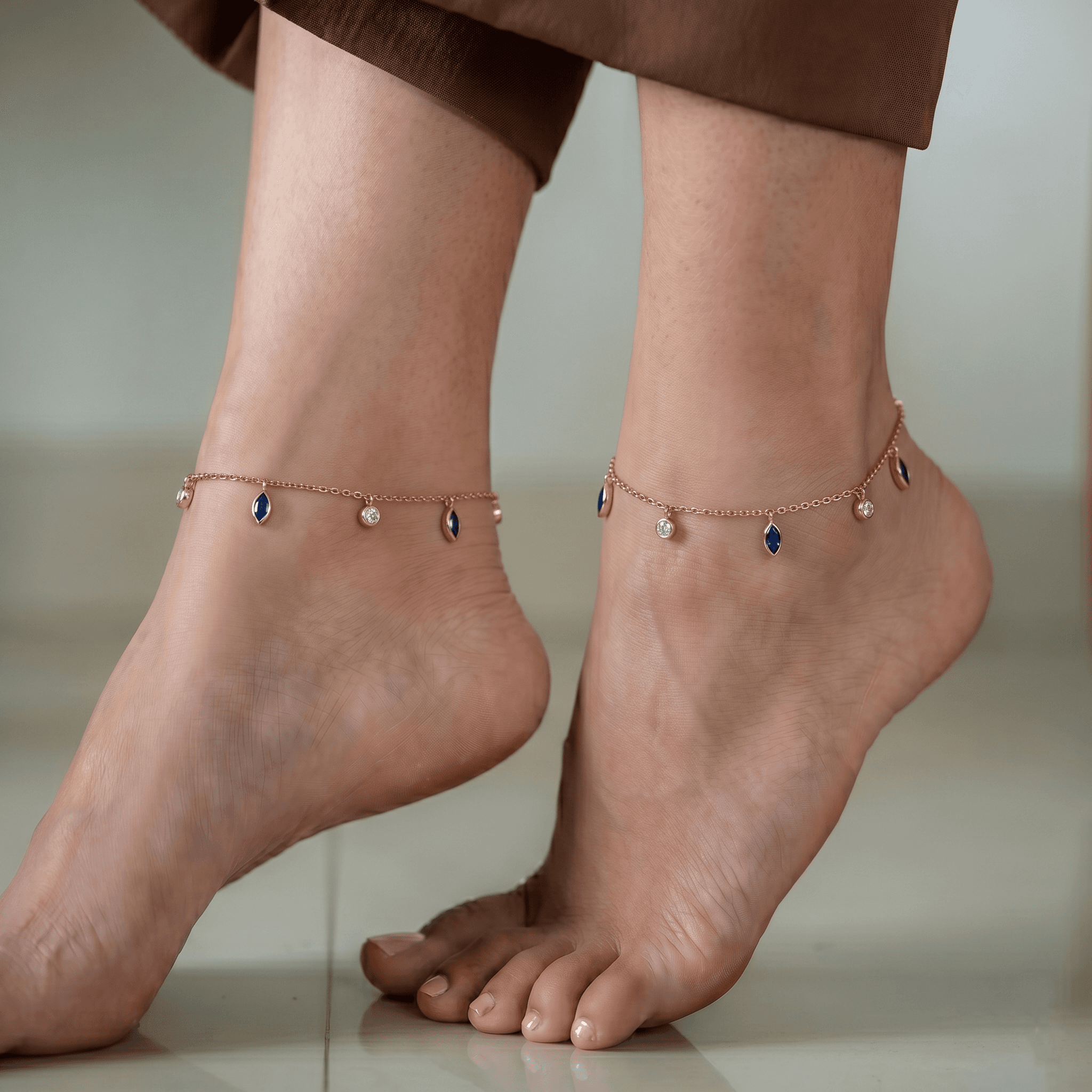 Rose Gold Sapphire Leaf Charm Anklet ,