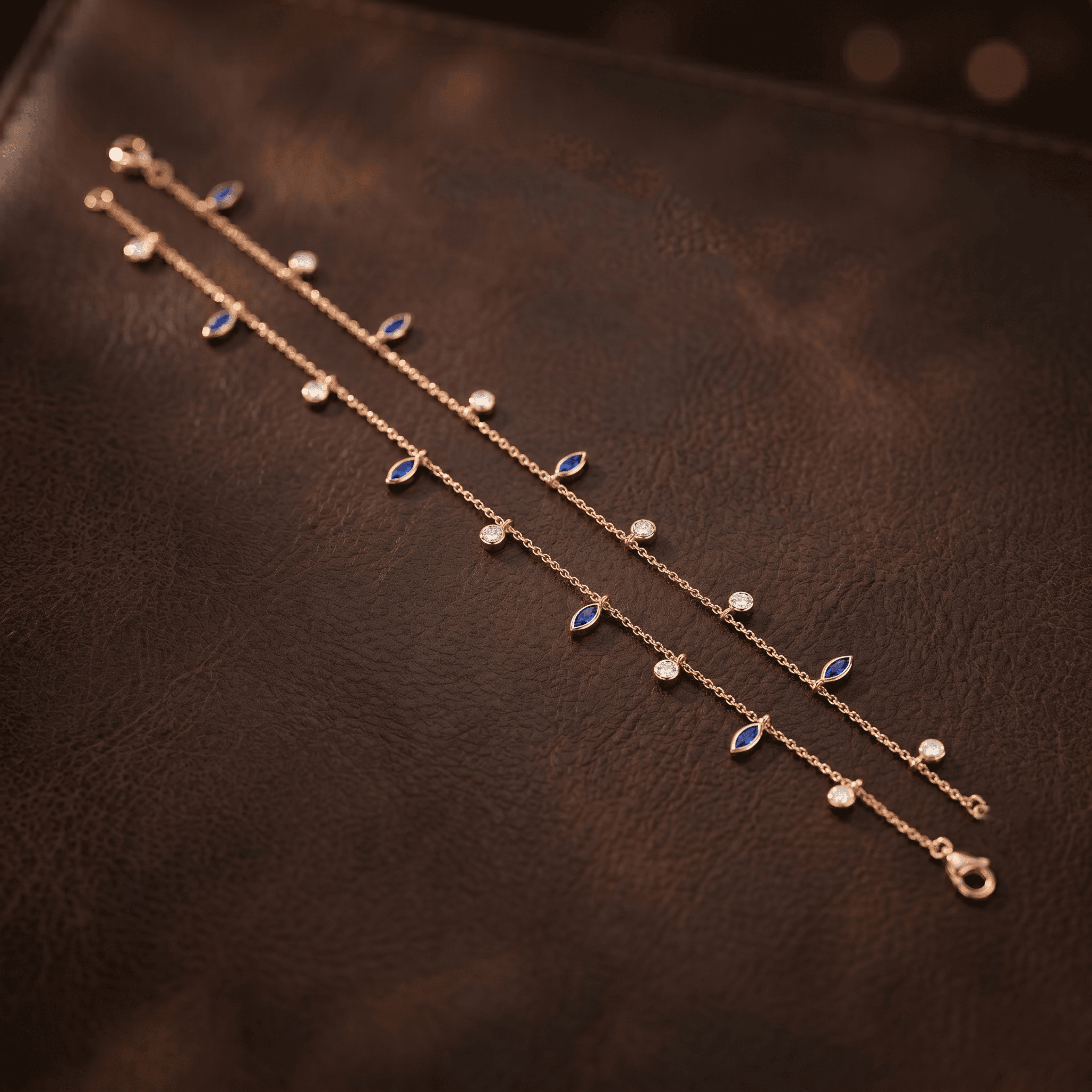 Rose Gold Sapphire Leaf Charm Anklet ,