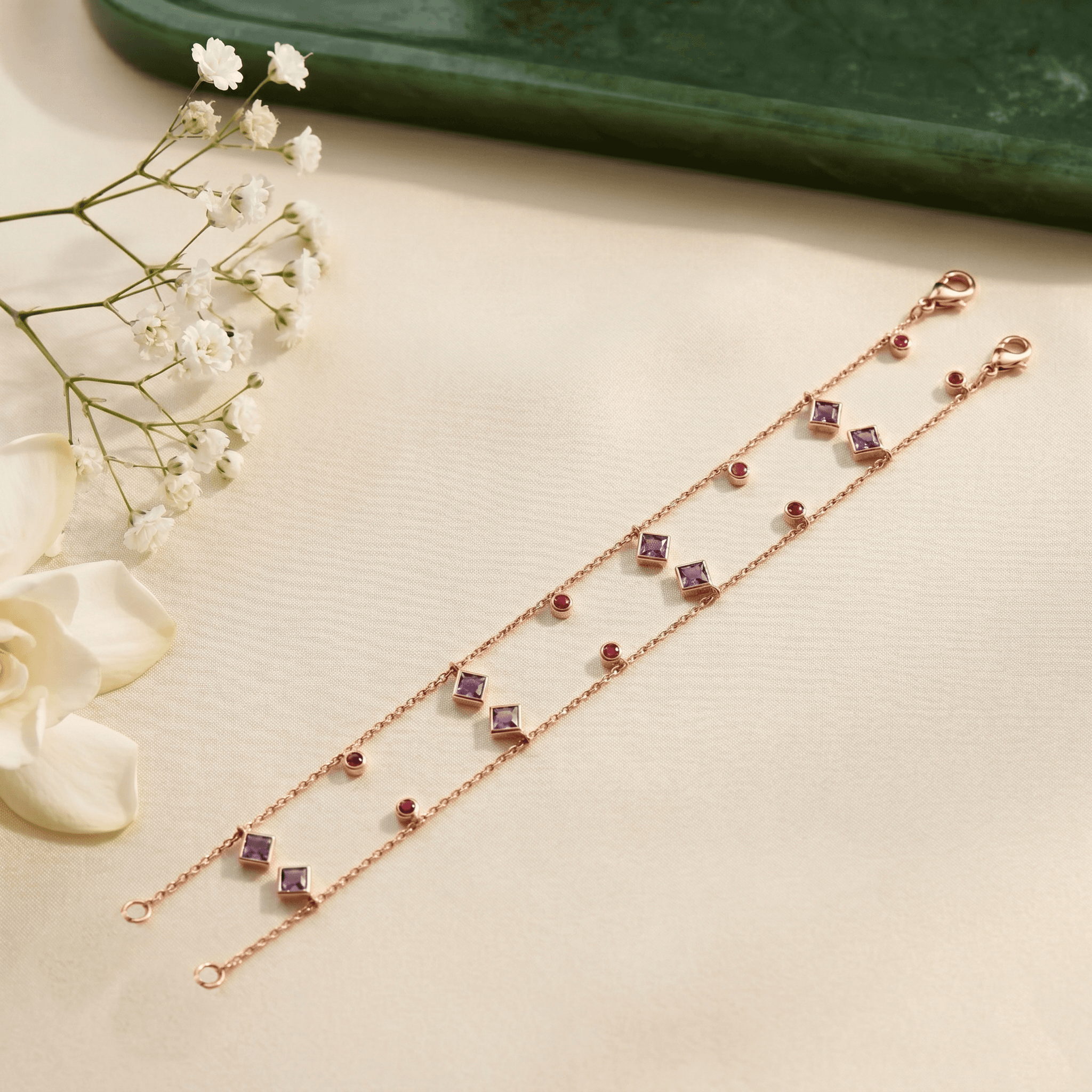 Rose Gold Amethyst & Ruby Anklet ,