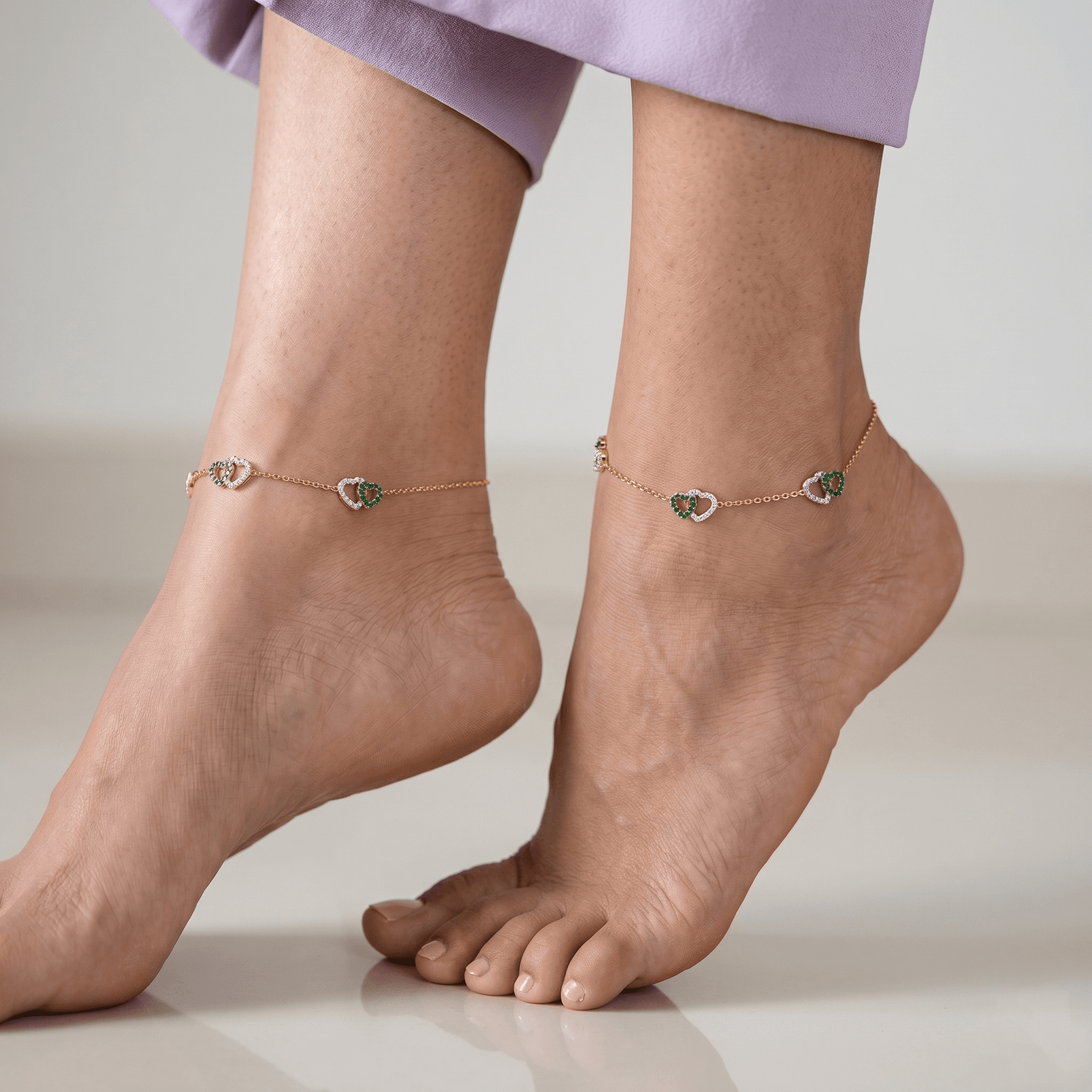 Green Heart Charm Gold Vermeil Anklet. ,