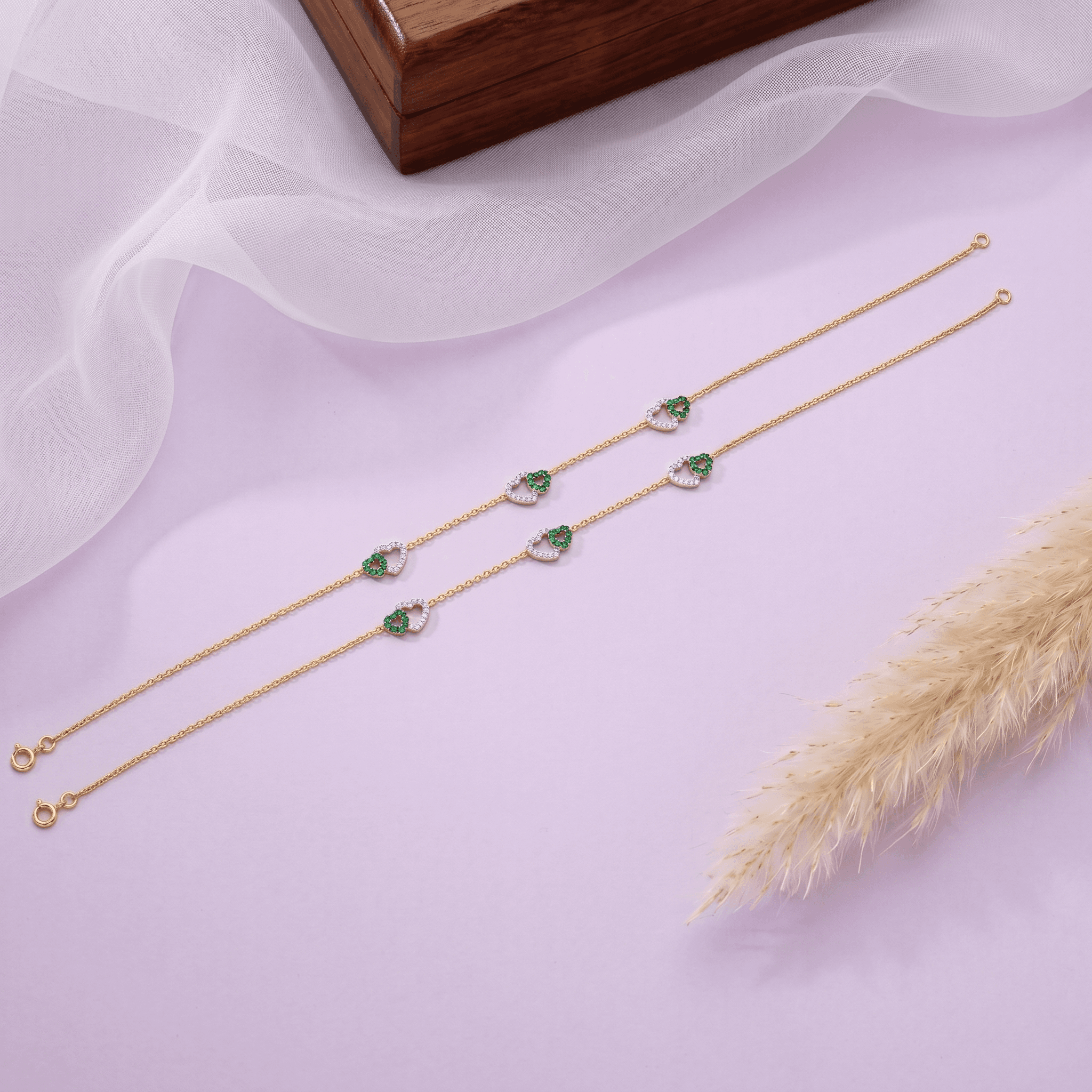 Green Heart Charm Gold Vermeil Anklet. ,