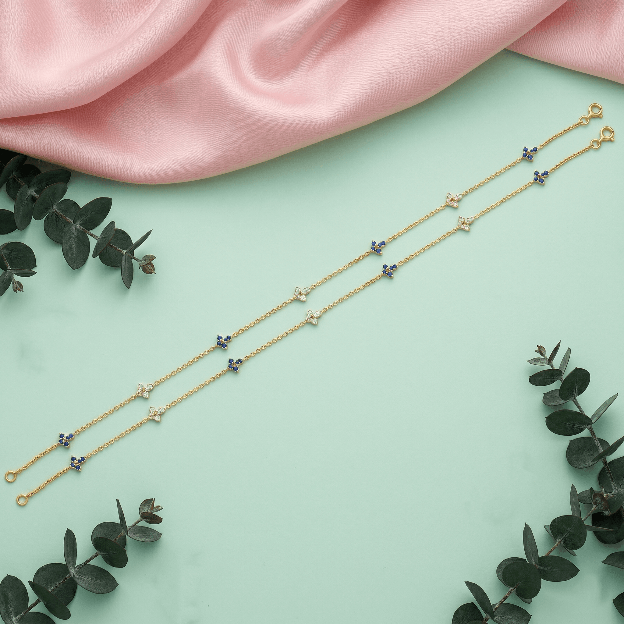 Blue and White Crystal Gold Vermeil Anklet. ,