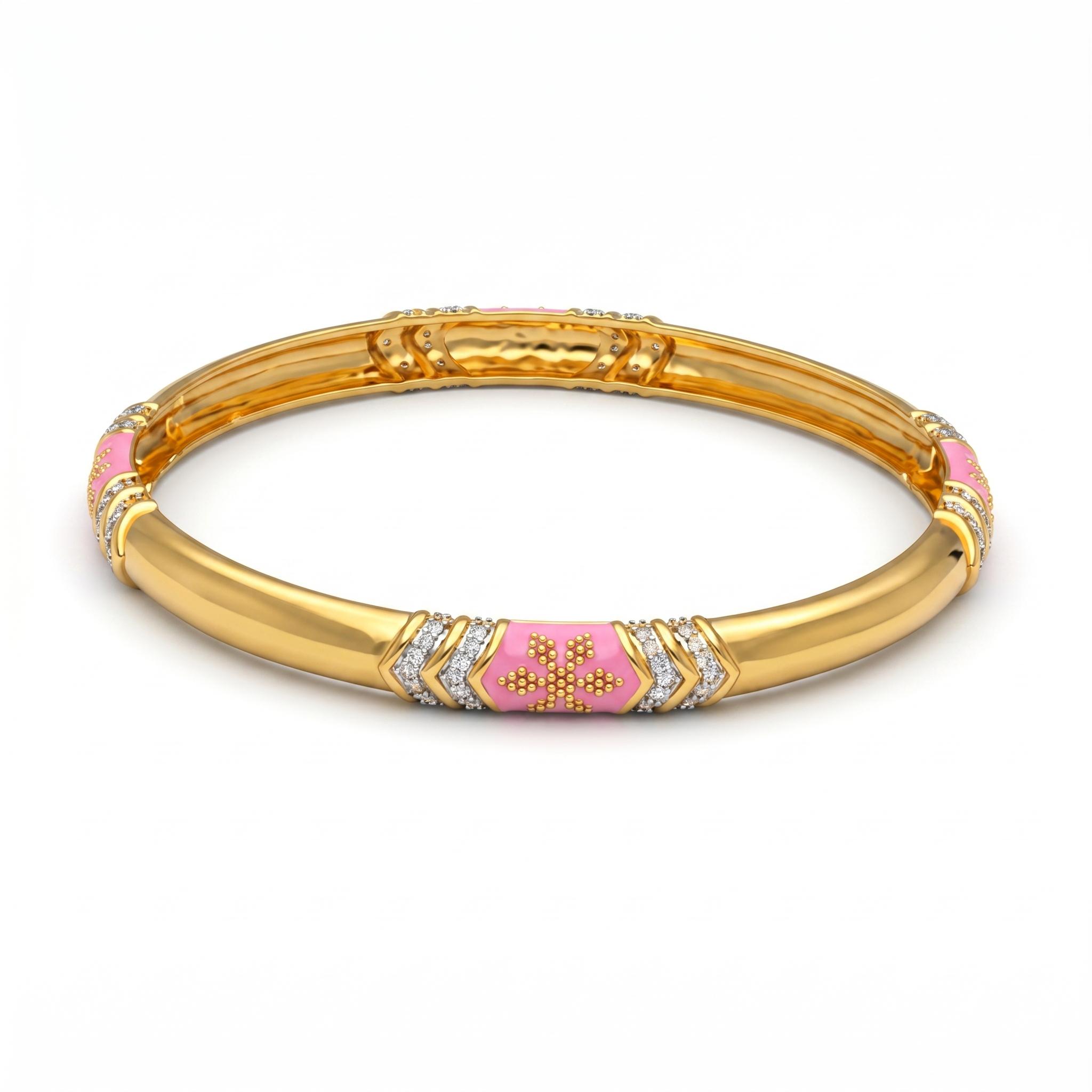 Floral Pink Enamel Station Bangle , 2.3