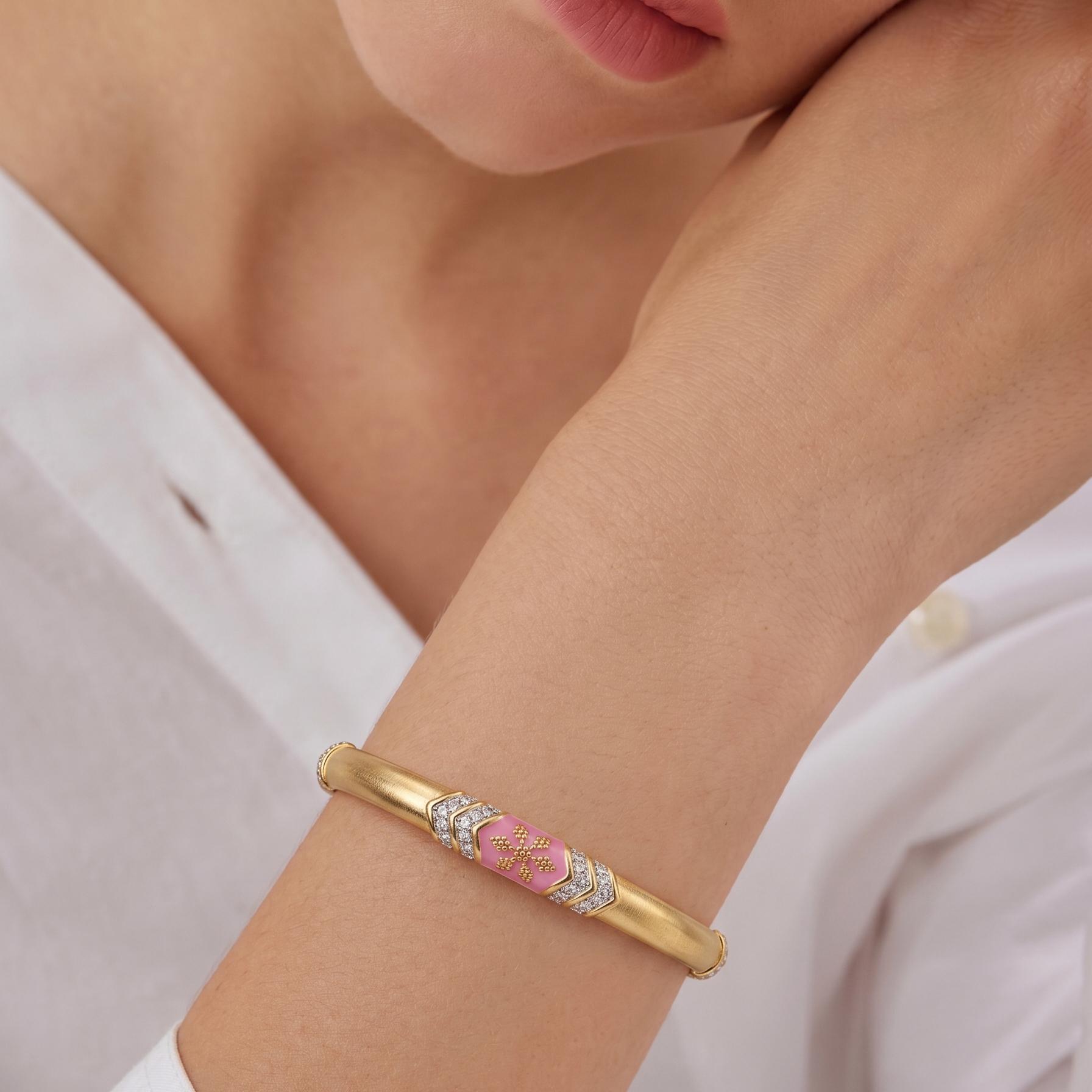 Floral Pink Enamel Station Bangle , 2.3