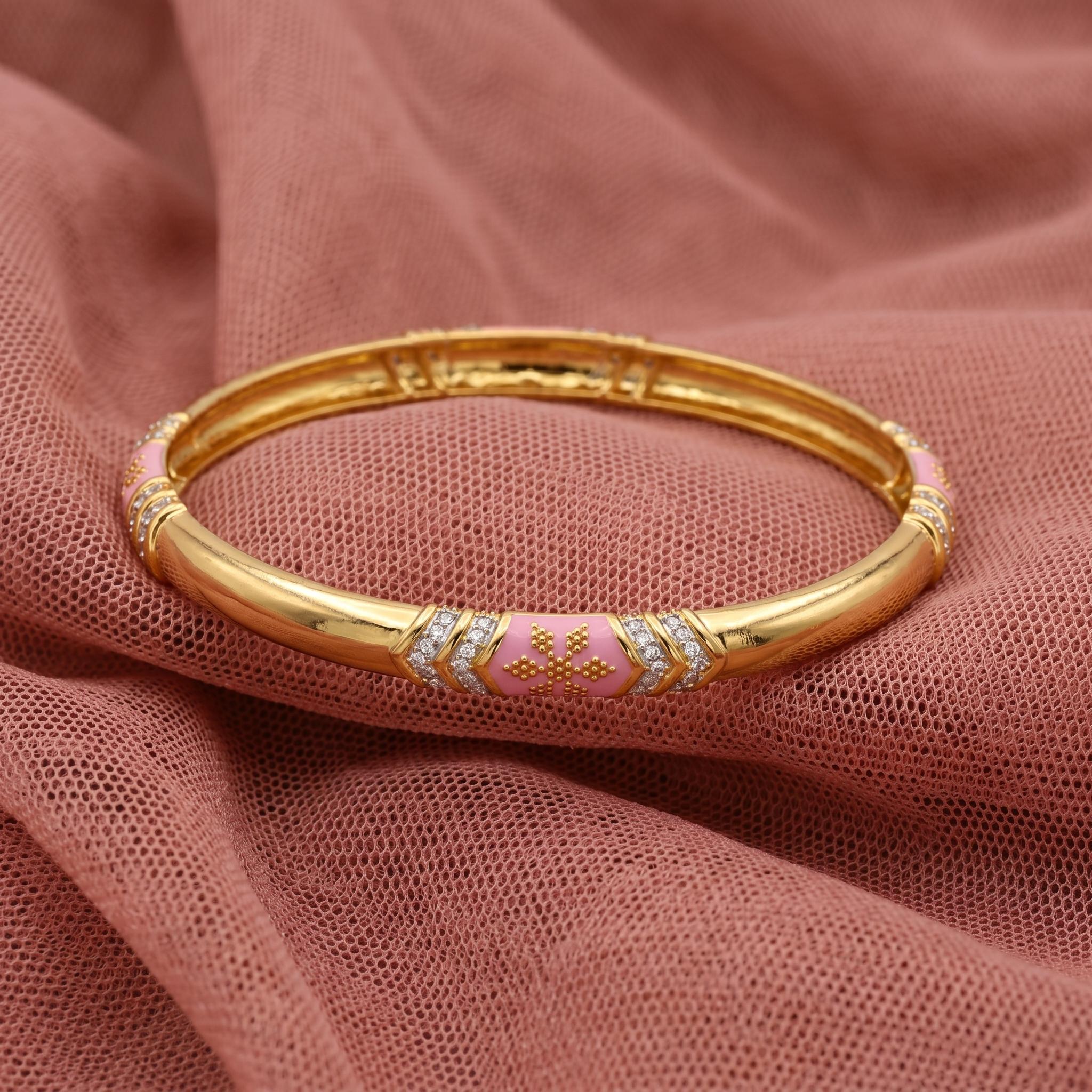 Floral Pink Enamel Station Bangle , 2.3
